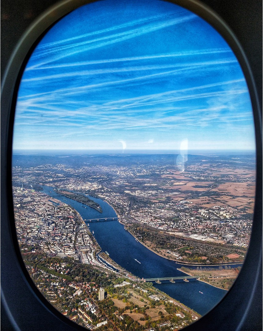View of Frankfurt. 2018 from the window of a Boeing 787 Dreamliner