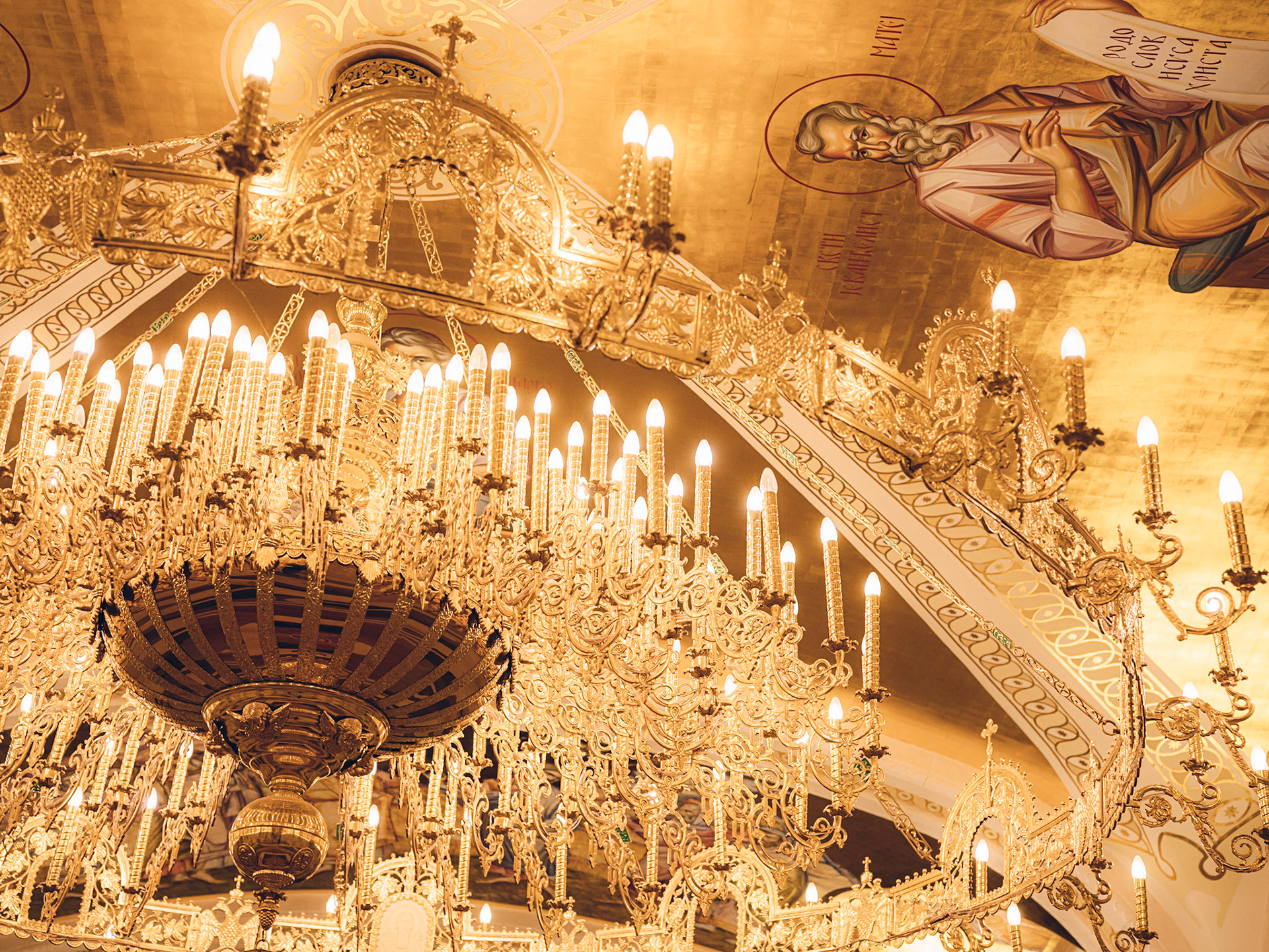 Intricate chandelier inside the temple of Saint Sava