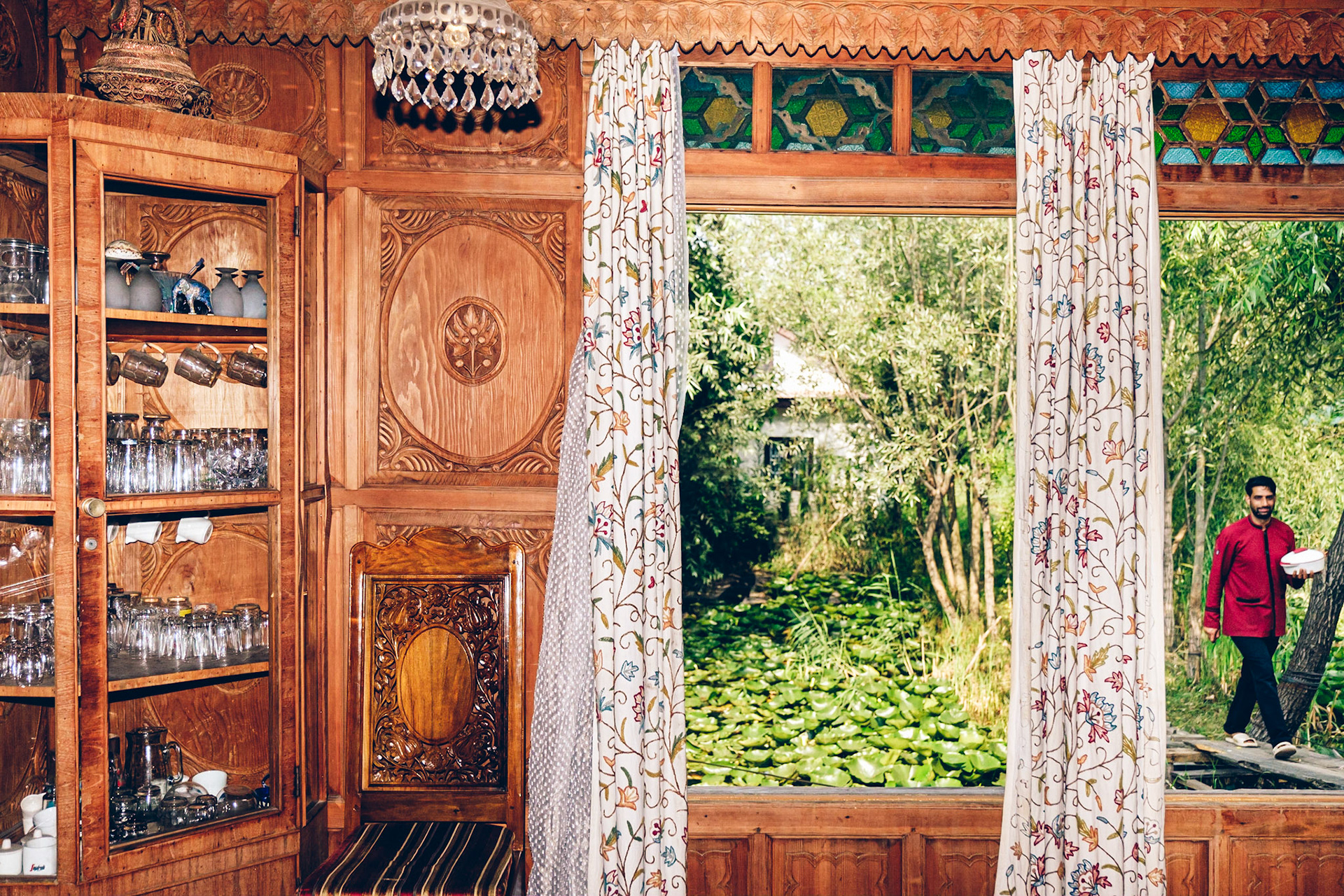 Inside view of a houseboat on Dal Lake. Srinagar, Kashmir, 2019.