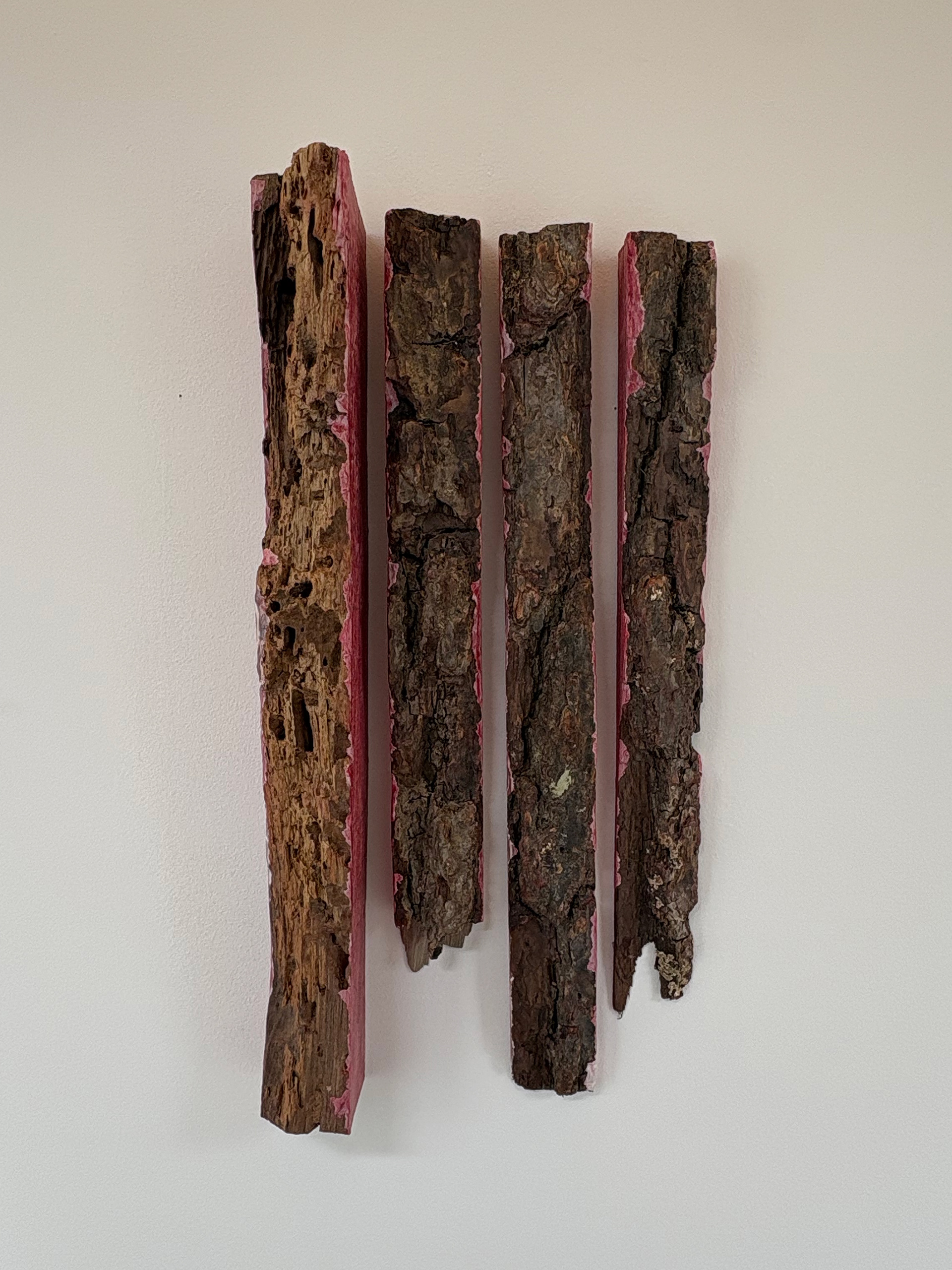 Shawn Sweeney, Sanguis, 2025. Tall narrow sculpture made from wood and paper, 48x15x3 inches. Contemporary sculpture examining materiality and the body.