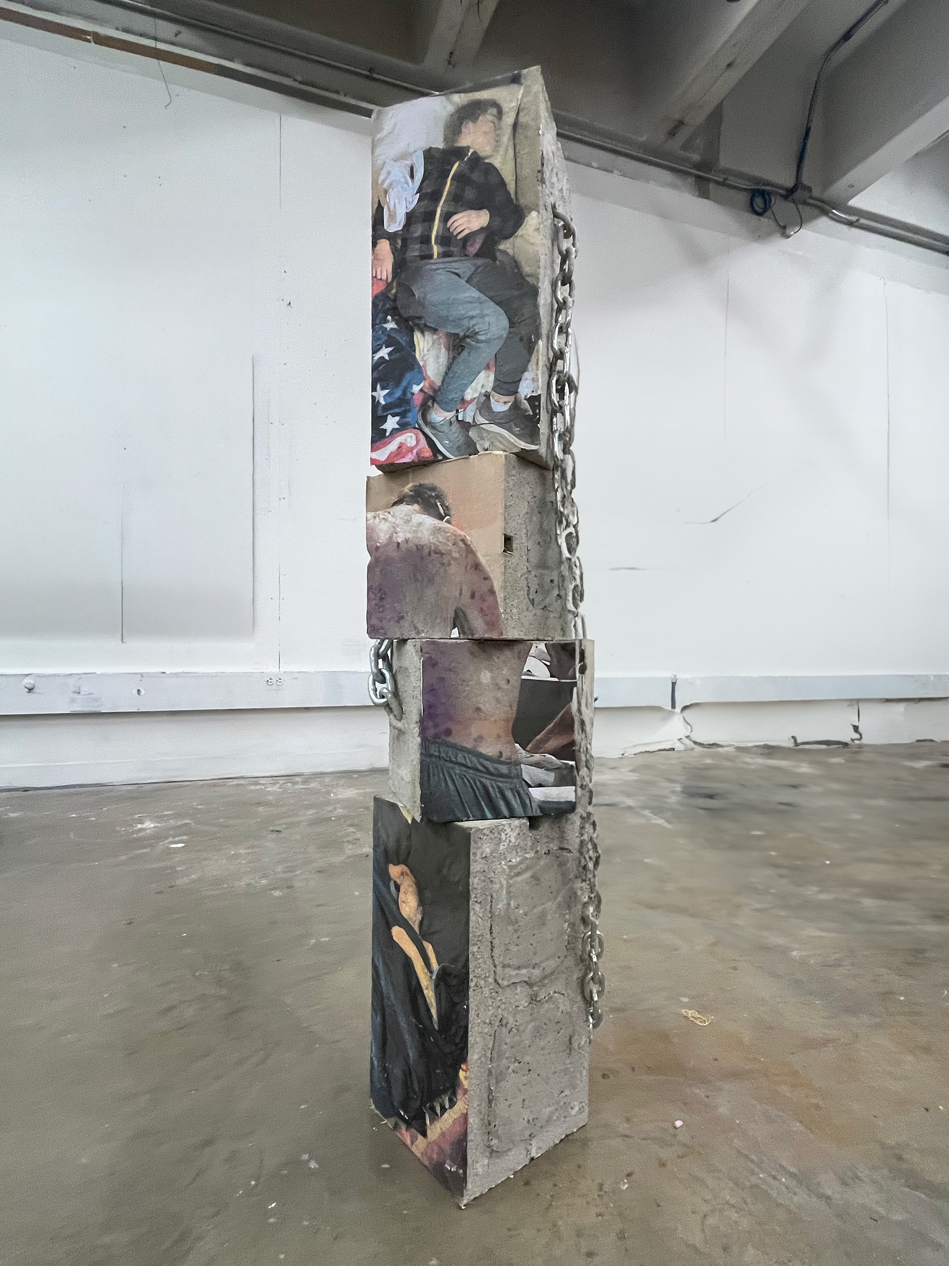 Shawn Sweeney, Bound 2, 2025. Sculpture made from concrete, paper, steel, and bronze, 54x10x10 inches. Mixed-material work combining industrial casting with architectural salvage.