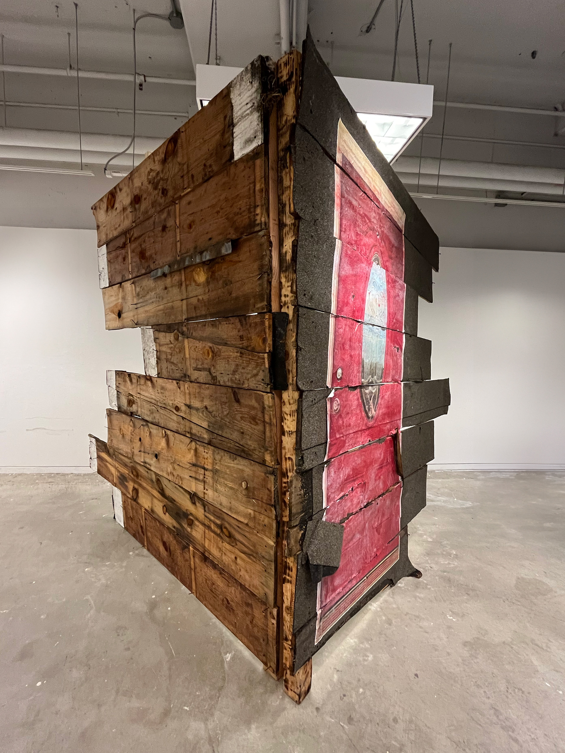Shawn Sweeney, Sepulchre 1, 2025. Large-scale sculpture installation made from wood architectural fragments of the artist's home and paper, 96x60x60 inches. Contemporary installation art exploring domestic space and memory.