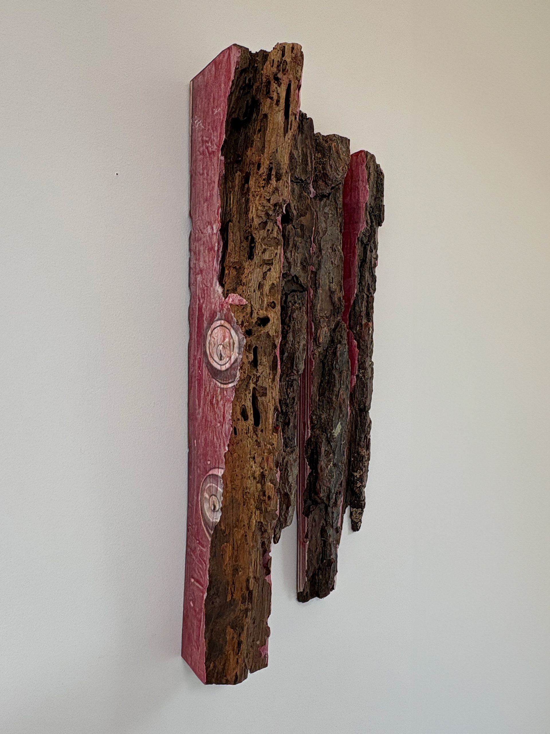 Shawn Sweeney, Sanguis, 2025. Tall narrow sculpture made from wood and paper, 48x15x3 inches. Contemporary sculpture examining materiality and the body.