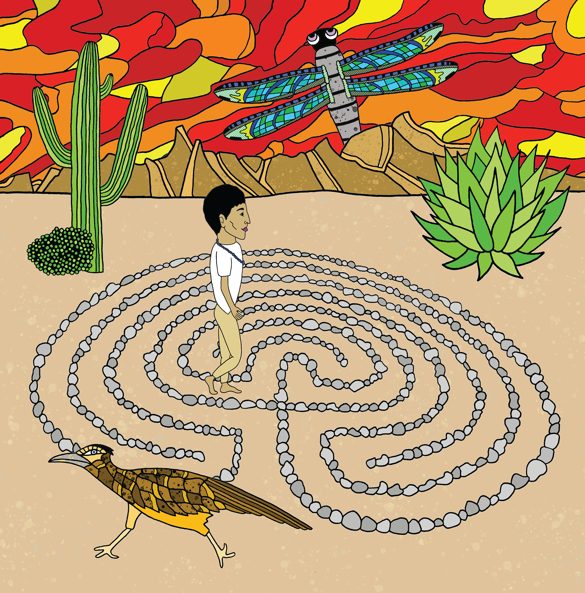 Desert Labyrinth (hand-drawn in pen & edited with Adobe Illustrator + Photoshop)