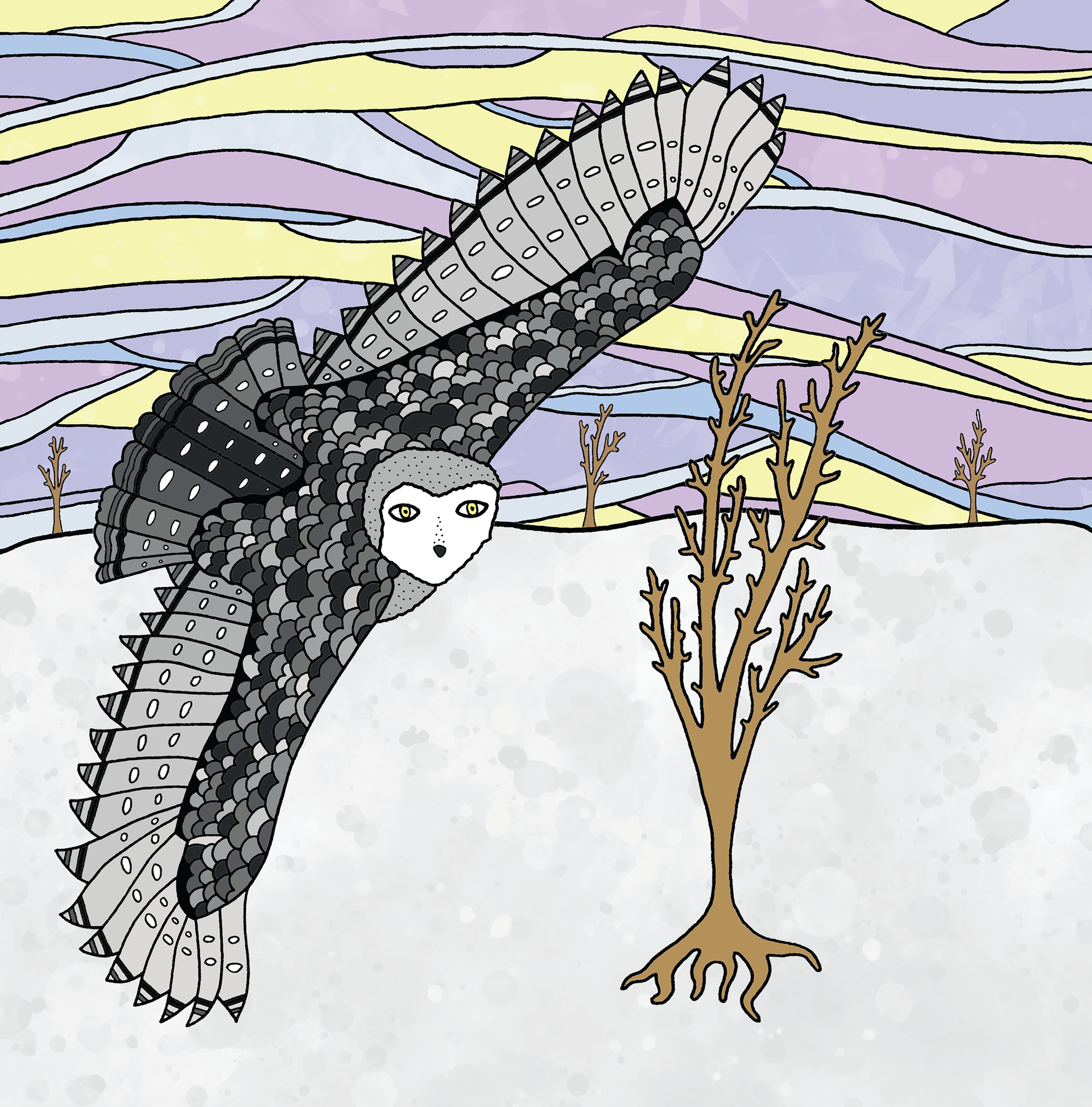 Winter Owl (hand-drawn in pen & edited with Adobe Illustrator + Photoshop)