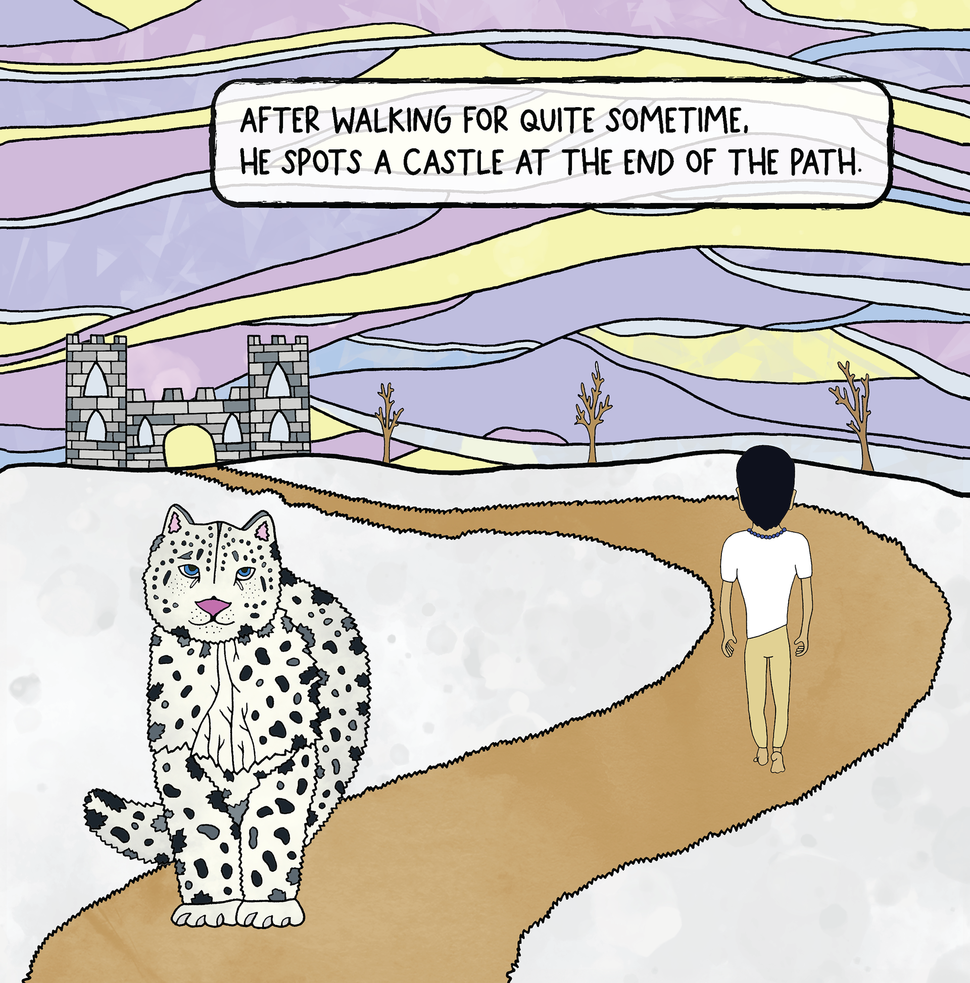 Snow Leopard & Castle (hand-drawn in pen & edited with Adobe Illustrator + Photoshop)