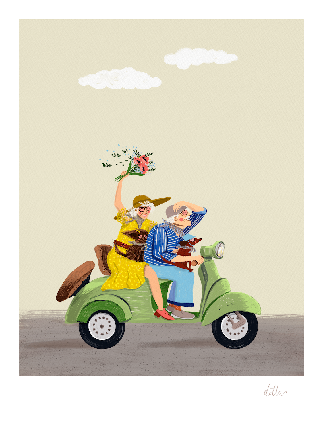 Ilustrācija "Sirdī vienmēr jauni". Saule, brīvība un mazliet pārgalvības, traucoties pretī piedzīvojumiem kopā ar saviem foršajiem ceļabiedriem. Jo svarīgs ir pats ceļš, ne galamērķis.