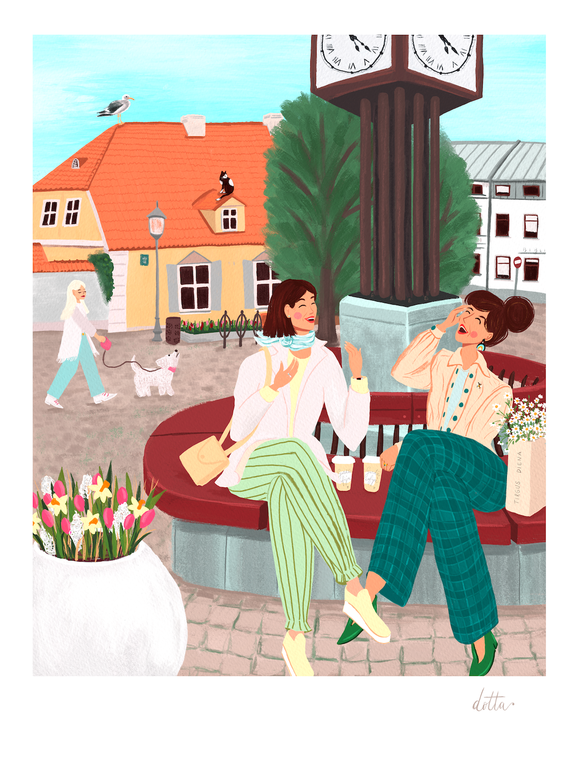 Ilustrācija "Draudzība". Var paiet gadi netiekoties, bet, kad atkal esam kopā, smejamies un jokojam tieši tāpat kā toreiz. Interpretācija par Ventspils Rātslaukumu.
