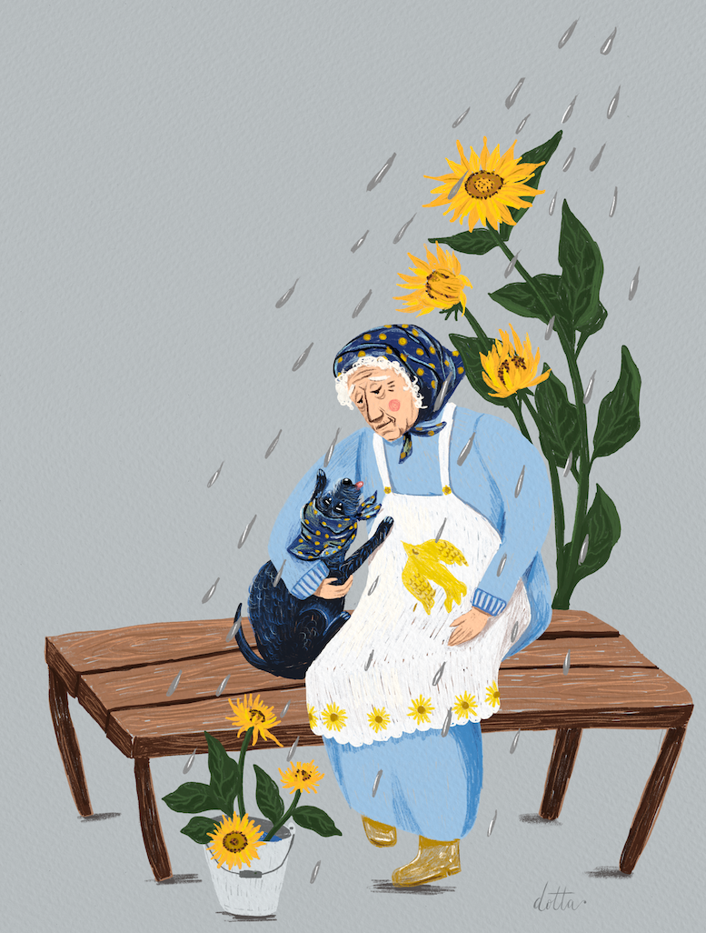 Ilustrācija "Lakatiņos", 2022. Pirmā ilustrācija, kuru spēju radīt pēc Krievijas iebrukuma Ukrainā. Šo iedvesmoja stāsts par Marijas kundzi, kura dzīvo netālu no Bučas. Lai pasargātu sunīti no šāvienu un sprādzienu trokšņiem, Marijas kundze gan sunītim, gan sev sēja lakatiņus ap ausīm. Man tas ir stāsts par cilvēcību un spēju parūpēties par kādu, kurš pats to nevar, pat visgrūtākajos un sāpīgākajos laikos. 