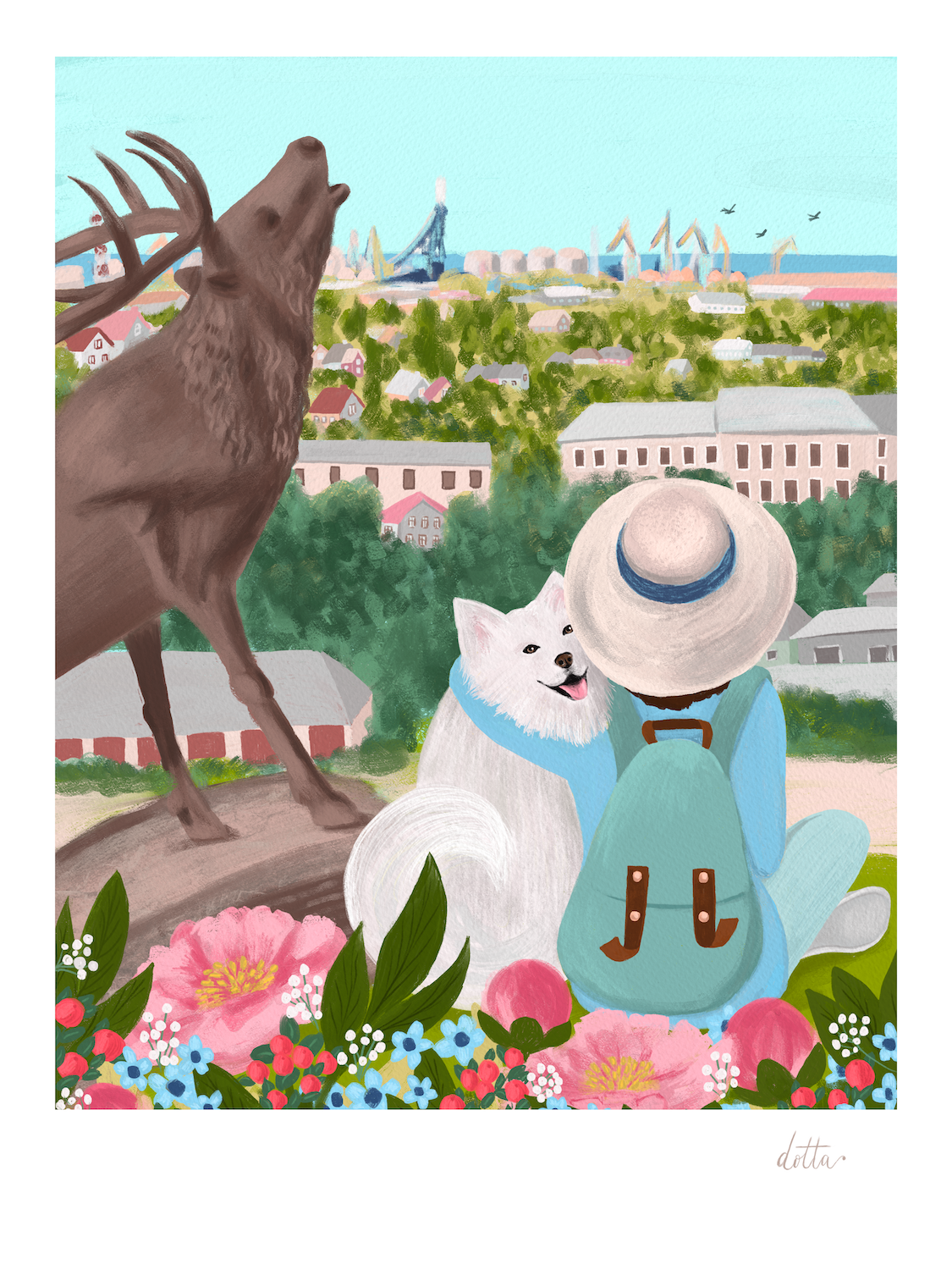 Ilustrācija "Dzīves kalnā". Ieraudzīt pazīstamo ikreiz no jauna, pamanot pārmaiņas sevī un apkārtnē. Uz brīdi apstāties un novērtēt, cik skaistā vietā Tu esi un cik tālu ceļu esi uz šejieni mērojis. Interpretācija par skatu no Piedzīvojumu parka kalna Ventspilī.