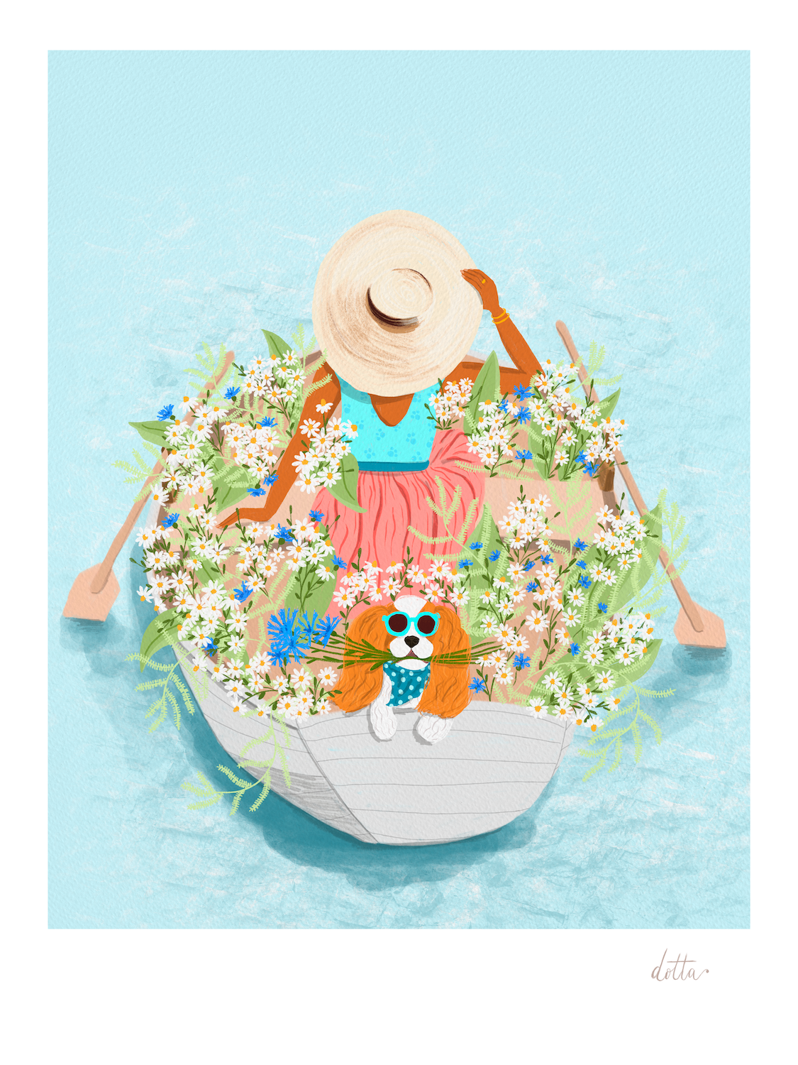 Ilustrācija "Dzīves laivā".Sasmaržot margrietiņas, uz brīdi atlaist dzīves airus un ļaut straumei sevi nest īstajā virzienā. Tu neko nenokavēsi.