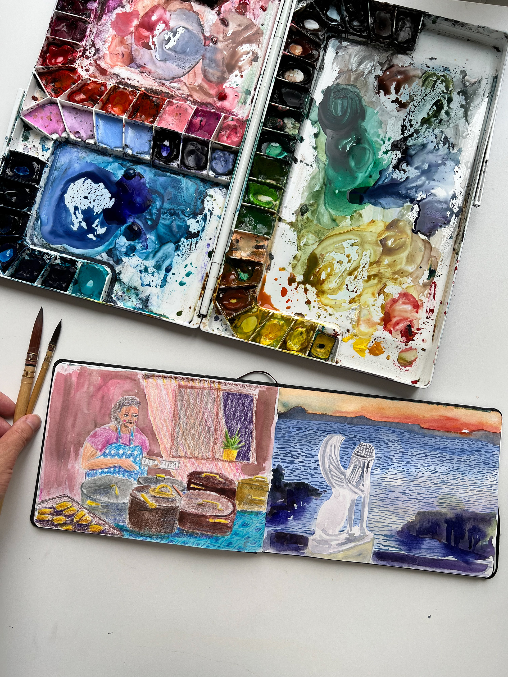Greek island Naxos, sketchbook illustration, watercolors and color pencils, 2023