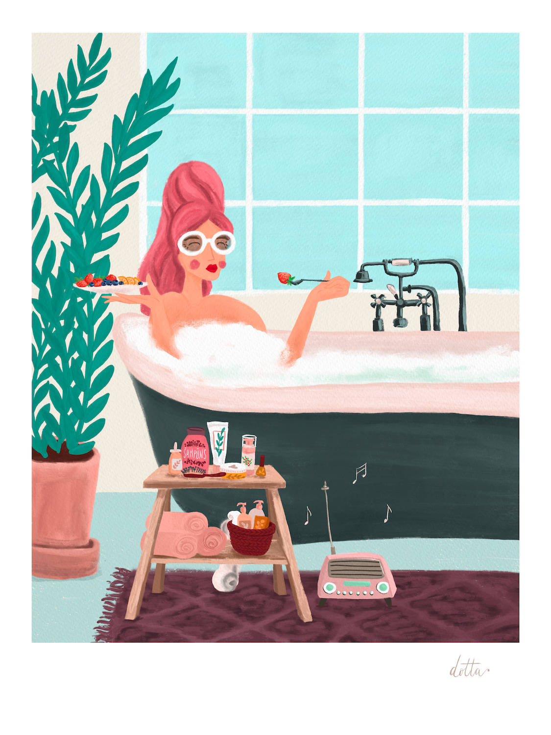 Ilustrācija "Iegremdēties labsajūtā". Karsta vanna, gaisā virmo Tavas mīļākās smaržas, Tu baudi sulīgus augļus un mūziku, kas liek Tev iegrimt labsajūtā.