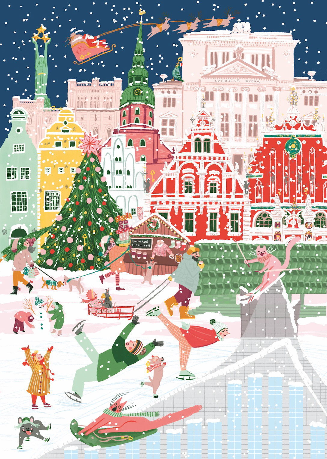 Ilustrācija Rīgas puzlei, Rīga ziemā, Dace Krēsliņa