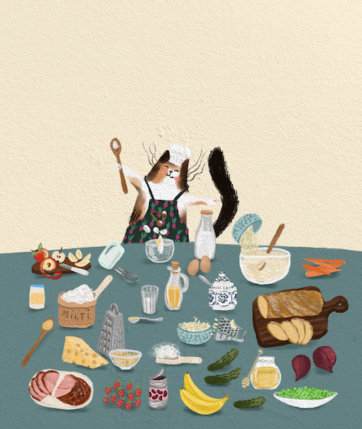 Ilustrācija ar kaķenīti Koko grāmatai Garšīgie stāstiņi