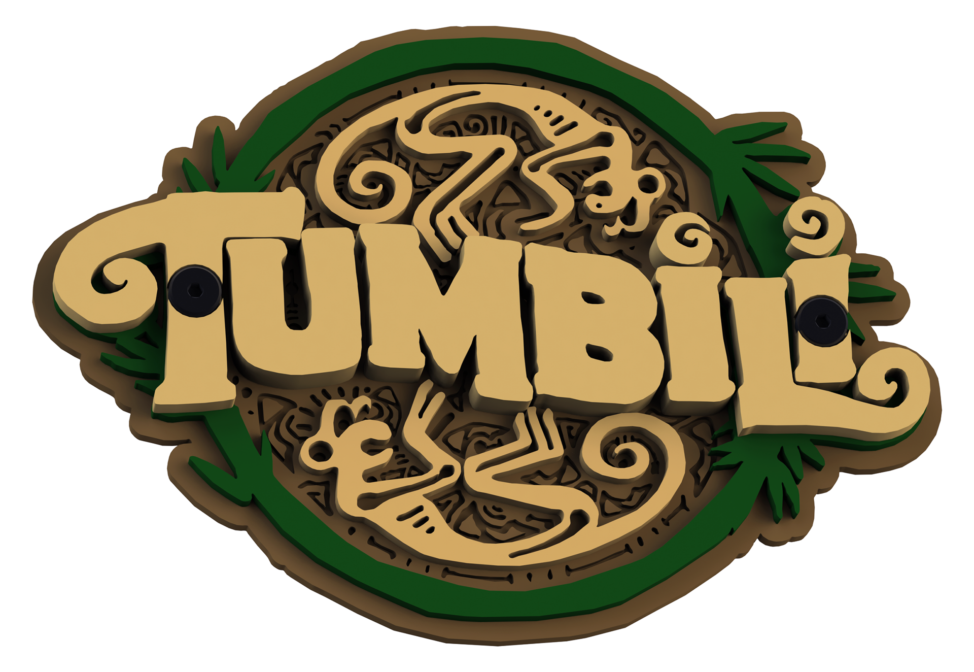 My original iteration of the Tumbili logo model. In the final version, the base pieces have cuts to allow the lettering and monkeys to drop into place to improve precision of assembly. Detail of the engravings in the base was also simplified to more closely match the capability of my printer.
