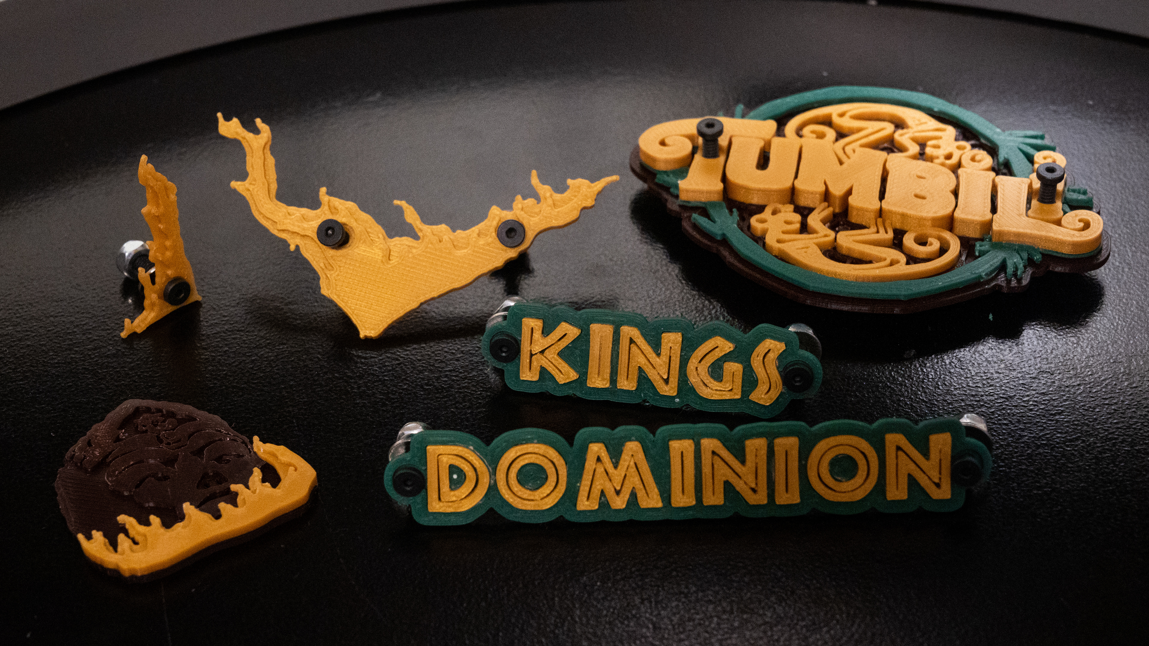 The various decorative pieces modeled and printed for the enclosure.