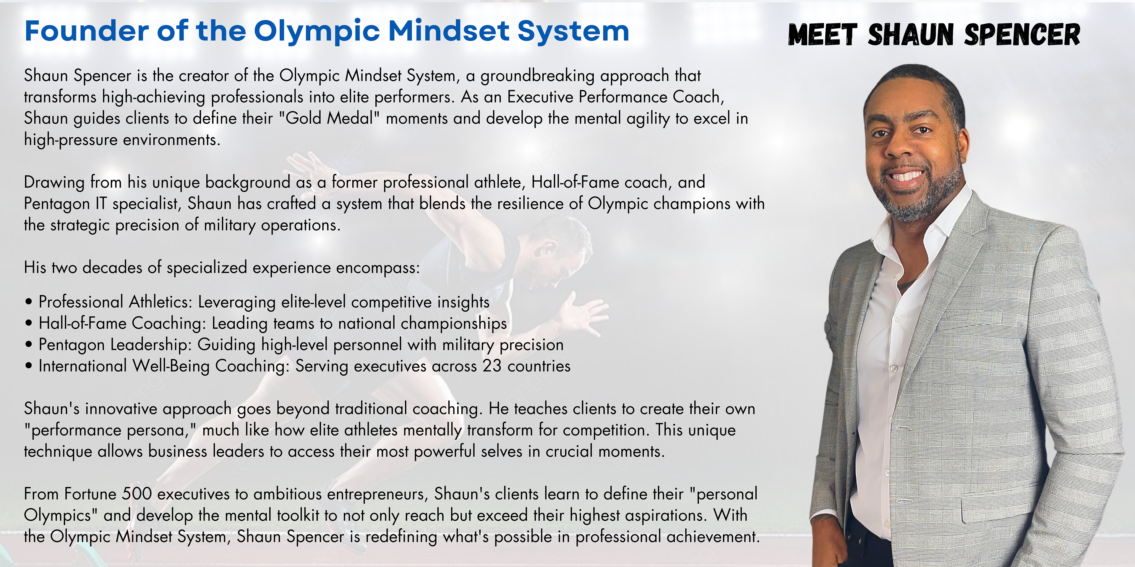 Shaun Spencer, founder of Olympic Mindset System, portrait highlighting his diverse background as professional track athlete, Hall of Fame coach, and Pentagon strategist.