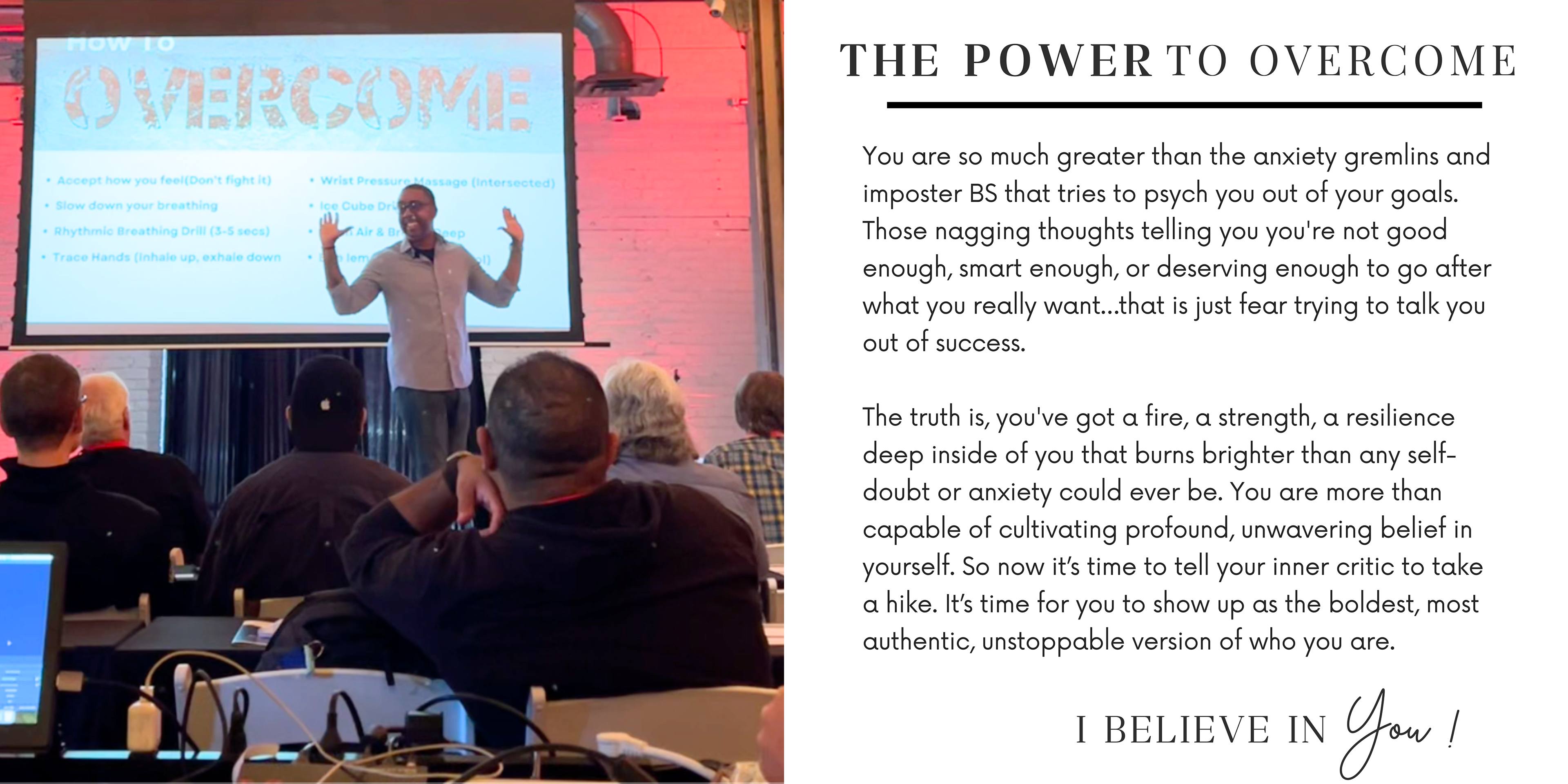 Shaun Spencer speaking on stage about overcoming anxiety, demonstrating personal resilience and empowerment during a conference presentation.