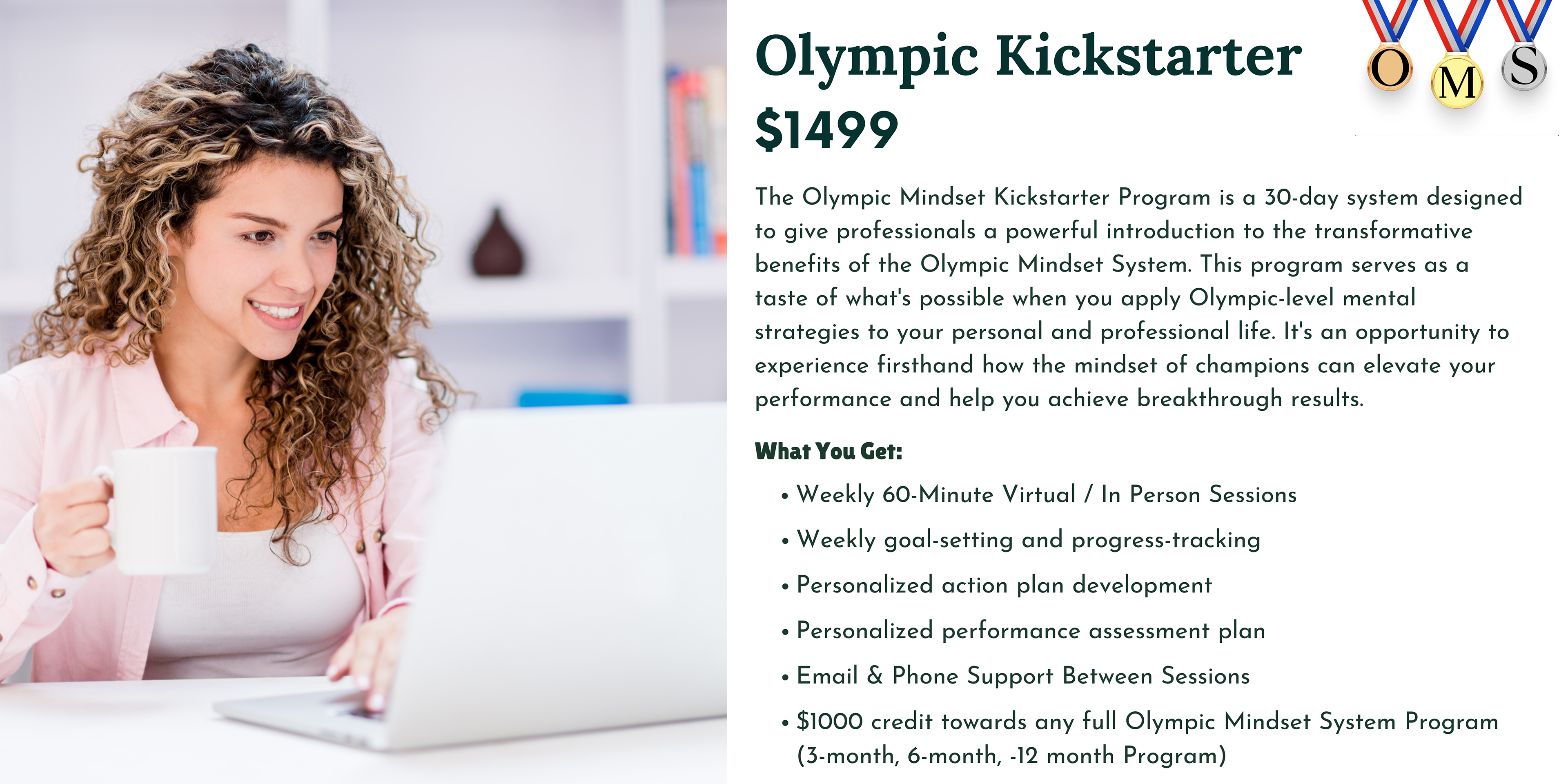 Olympic Mindset 30-Day Kickstarter program graphic, offering an introductory coaching experience for individuals exploring personal development.