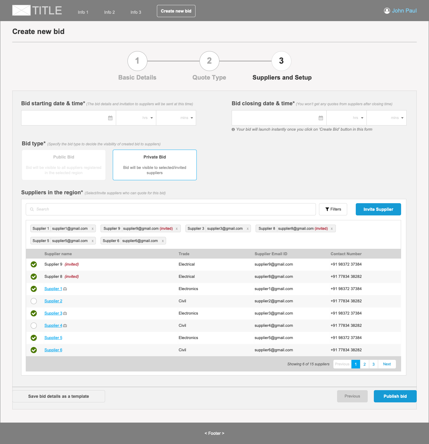 Create new bid - Selecting suppliers