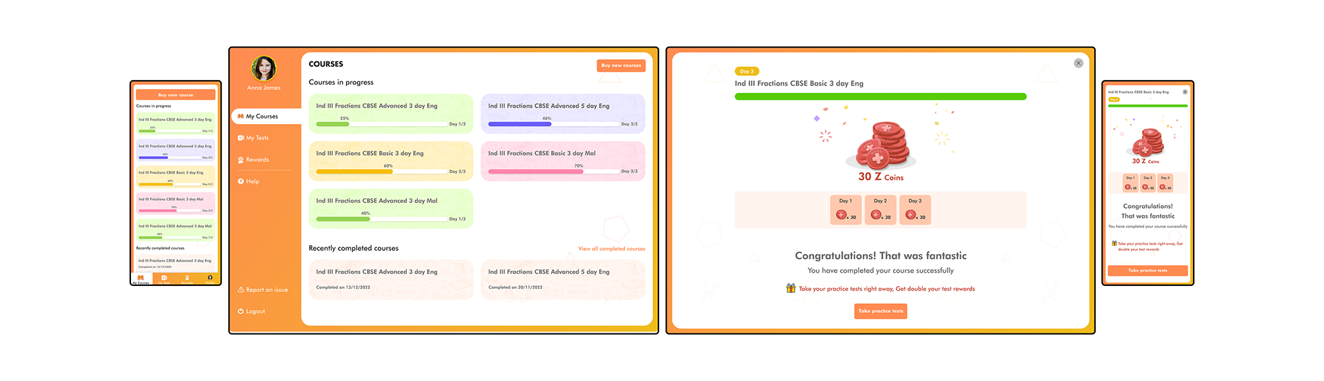 Learning platform interface showing student course dashboard, progress tracking, and a course completion rewards screen across mobile and desktop views.