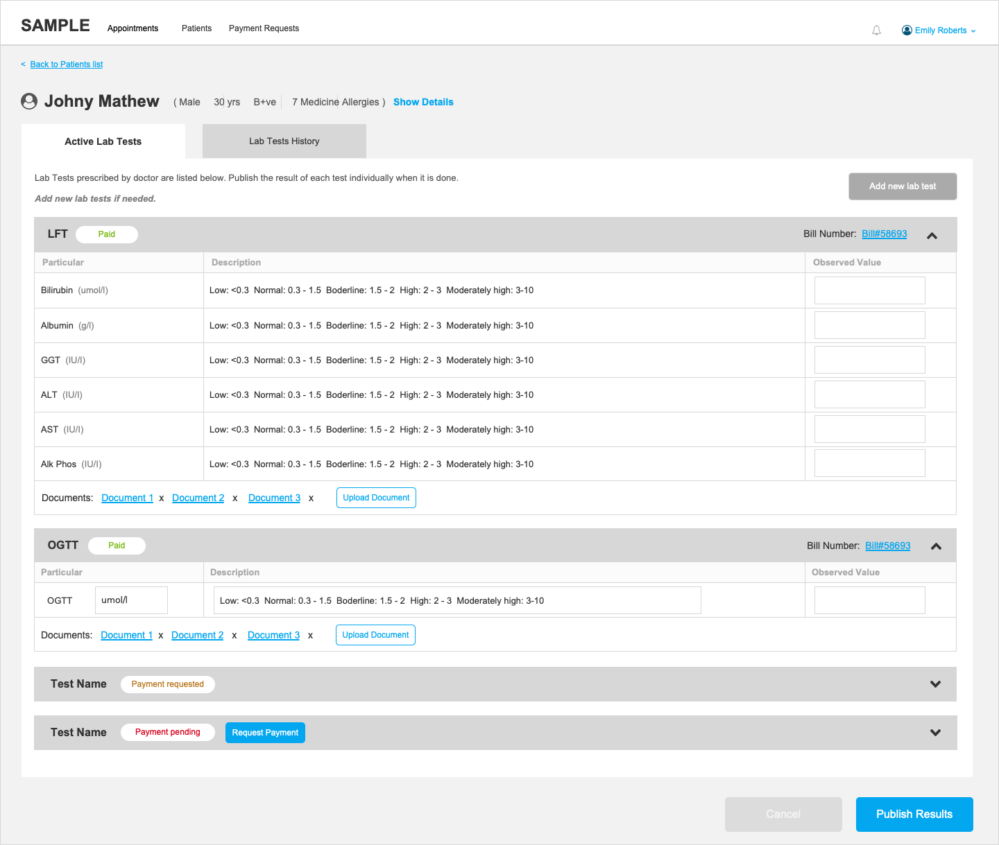 Lab technician screen for publishing test results