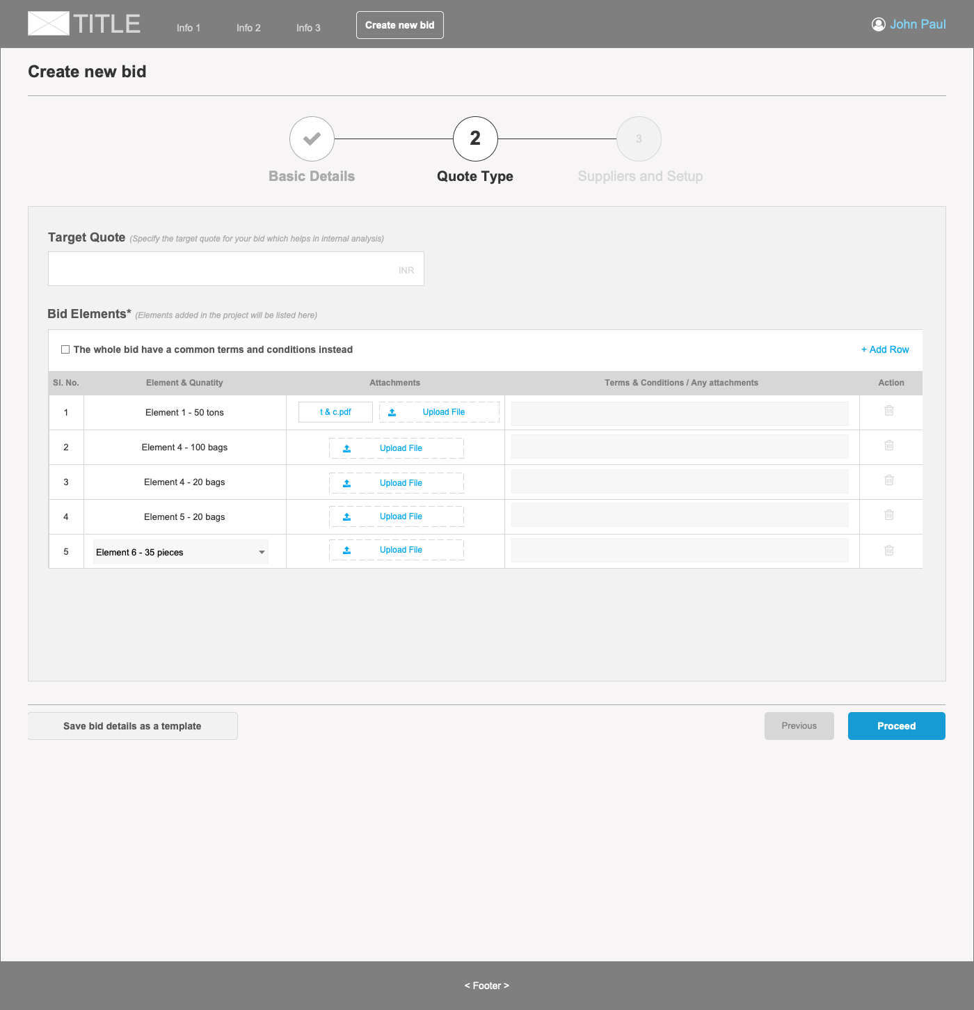 Create new bid - Entering quote details