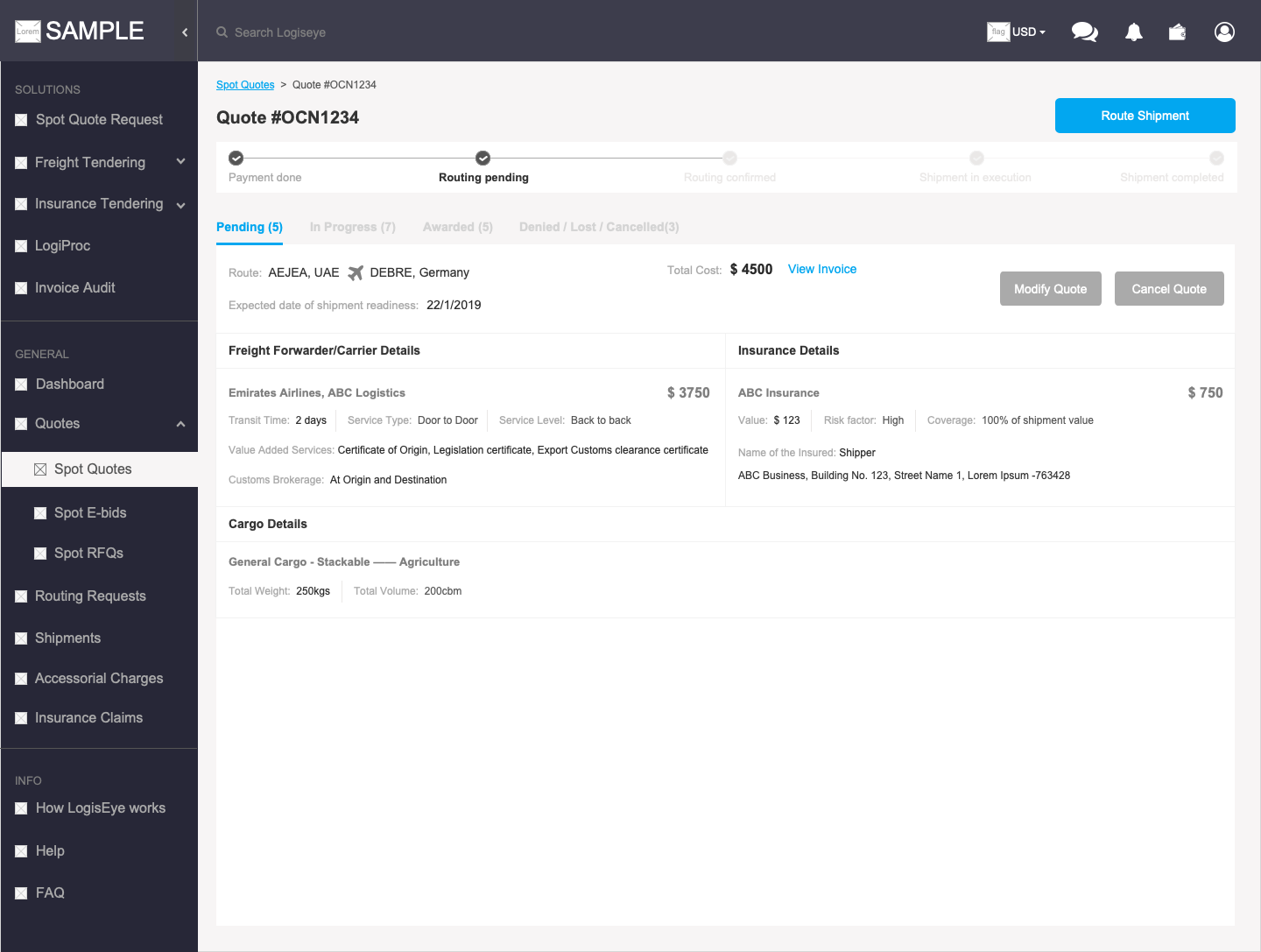 Quote Detail screen for Exporter/Importer