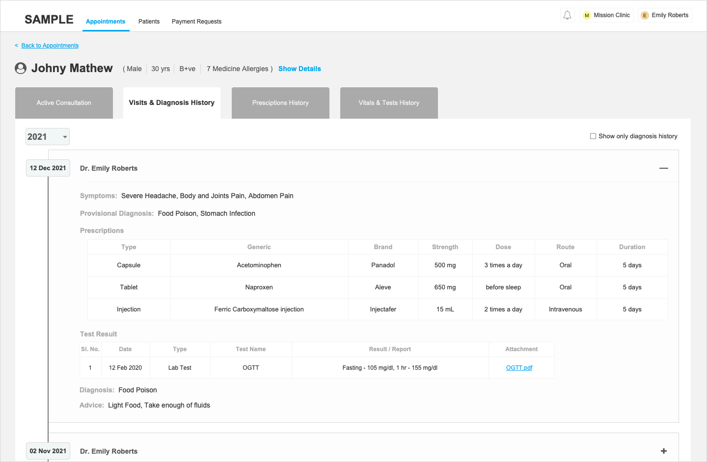 Visits & Diagnosis History screen for Doctors