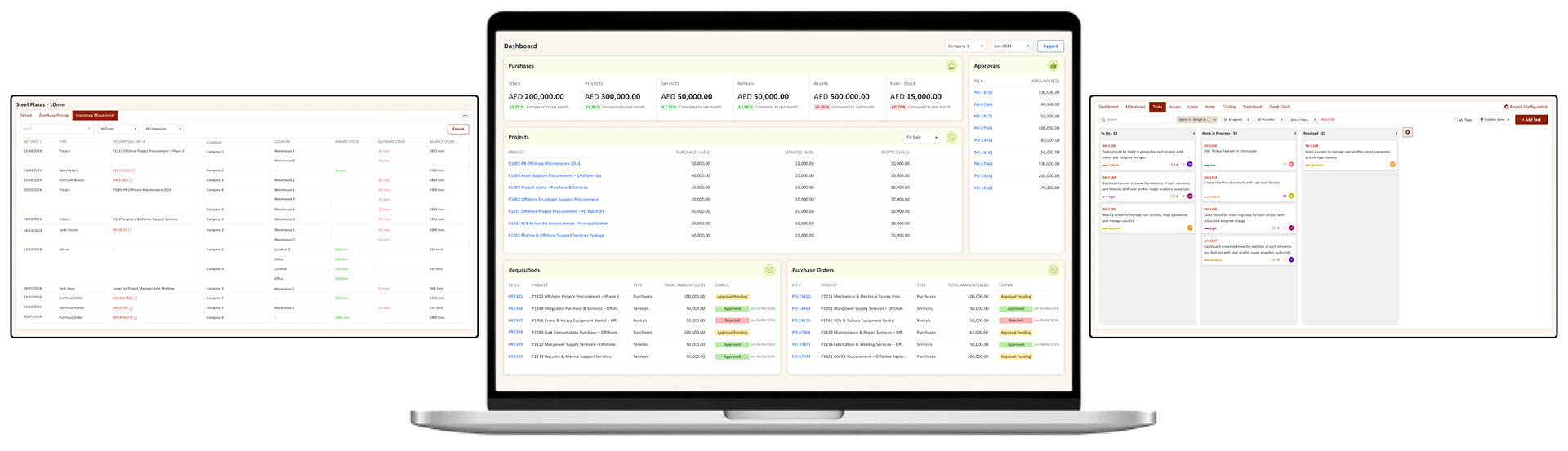 Enterprise ERP interface showing a procurement dashboard with AED metrics, approvals, purchase orders, inventory lists, and a kanban-style project task board.