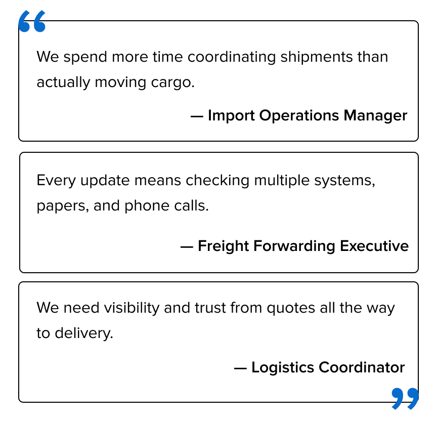 Three user quotes from logistics roles highlighting challenges: excessive time spent coordinating shipments, constant checking across systems and calls, and the need for end-to-end visibility and trust from quotes to delivery.