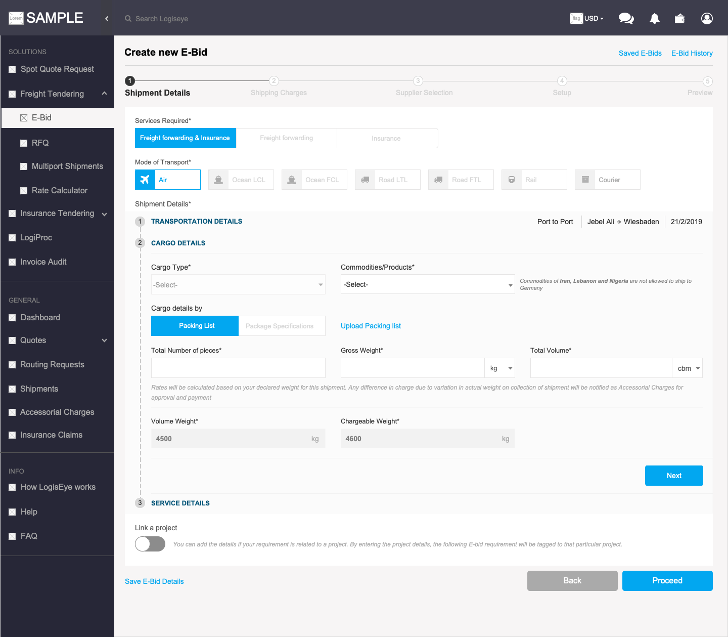 Create EBid - Entering Shipment details