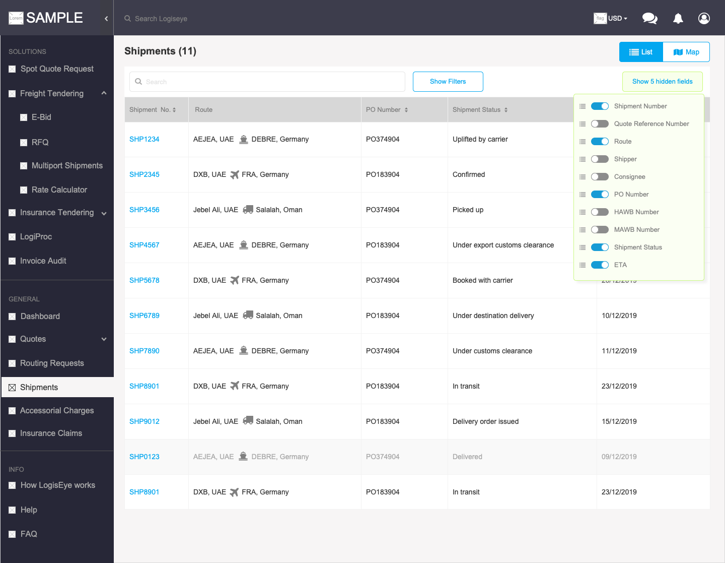 Shipments listing screen for Exporter/Importer