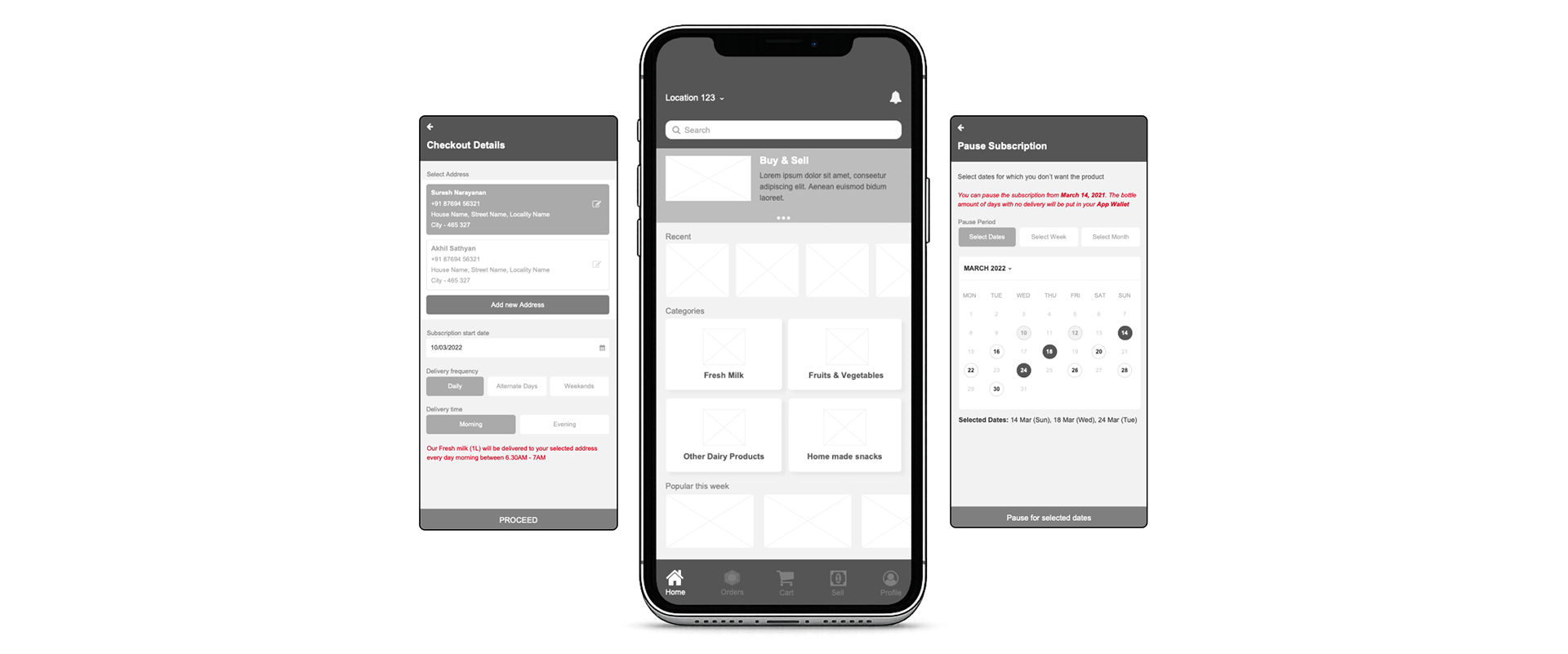 Mobile grocery app screens showing home dashboard, checkout details with delivery preferences, and subscription pause date selection.