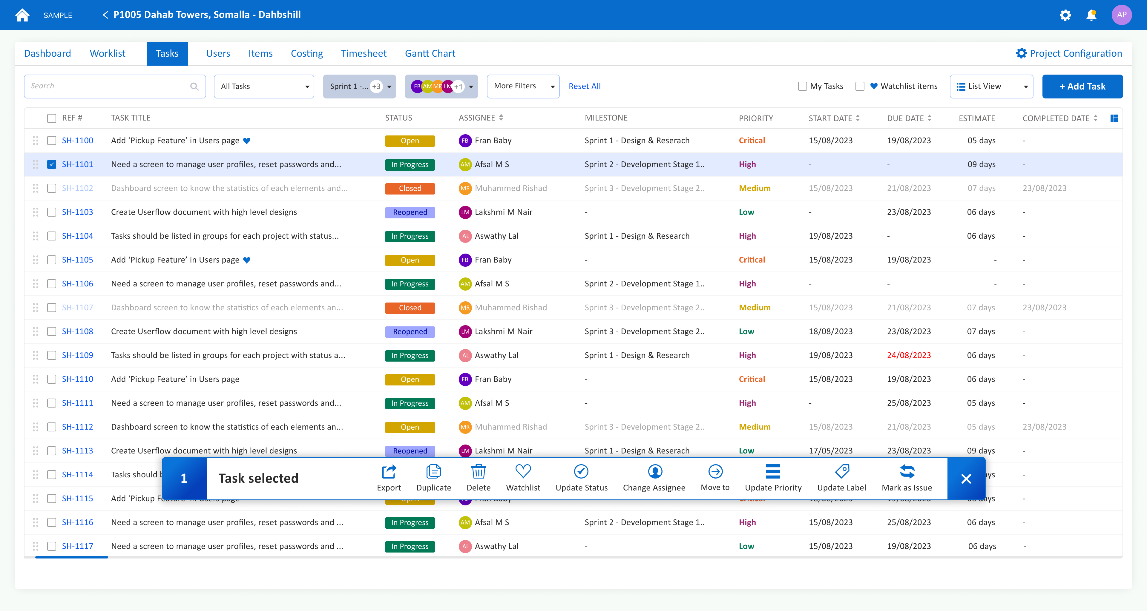 Tasks Listing