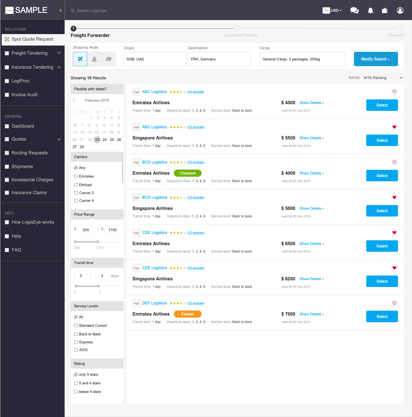 Spot Quotes list view for Exporter/Importer