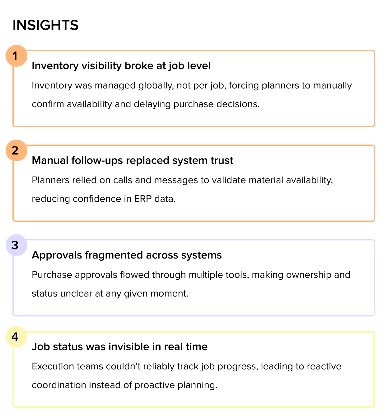 Four highlighted ERP pain points covering inventory visibility, manual follow-ups, fragmented approvals, and lack of real-time job status.