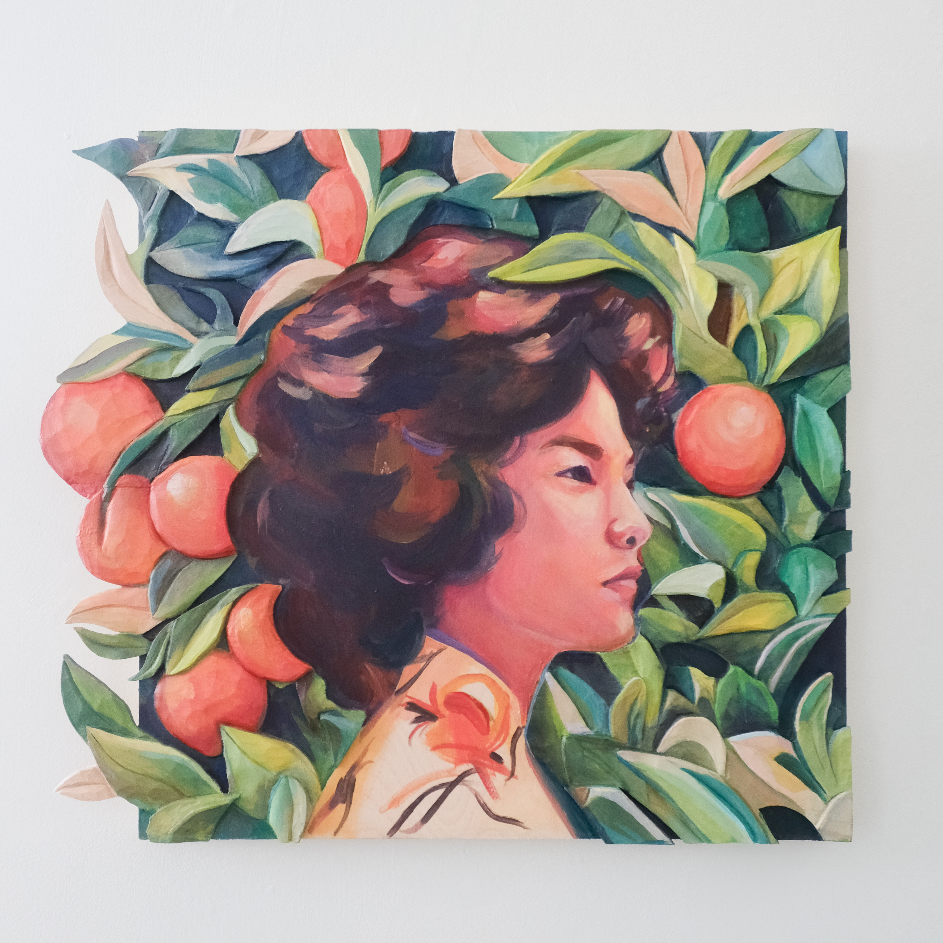“Orange Tree,” 2025 / Acrylic on Carved Wood / 16” x 16” / $2000