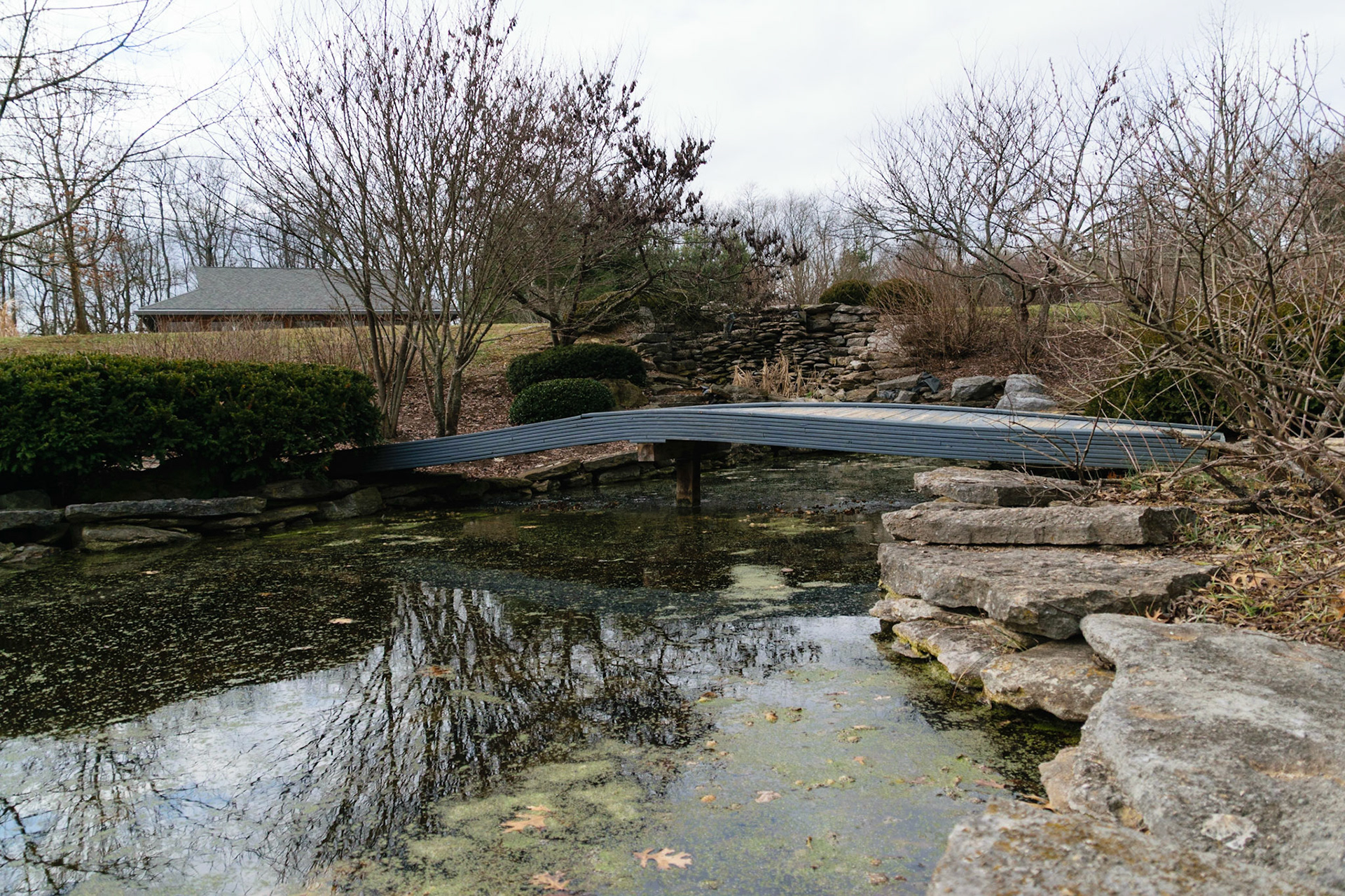 At the other side of the park, a blue bridge spans over a smaller pond.