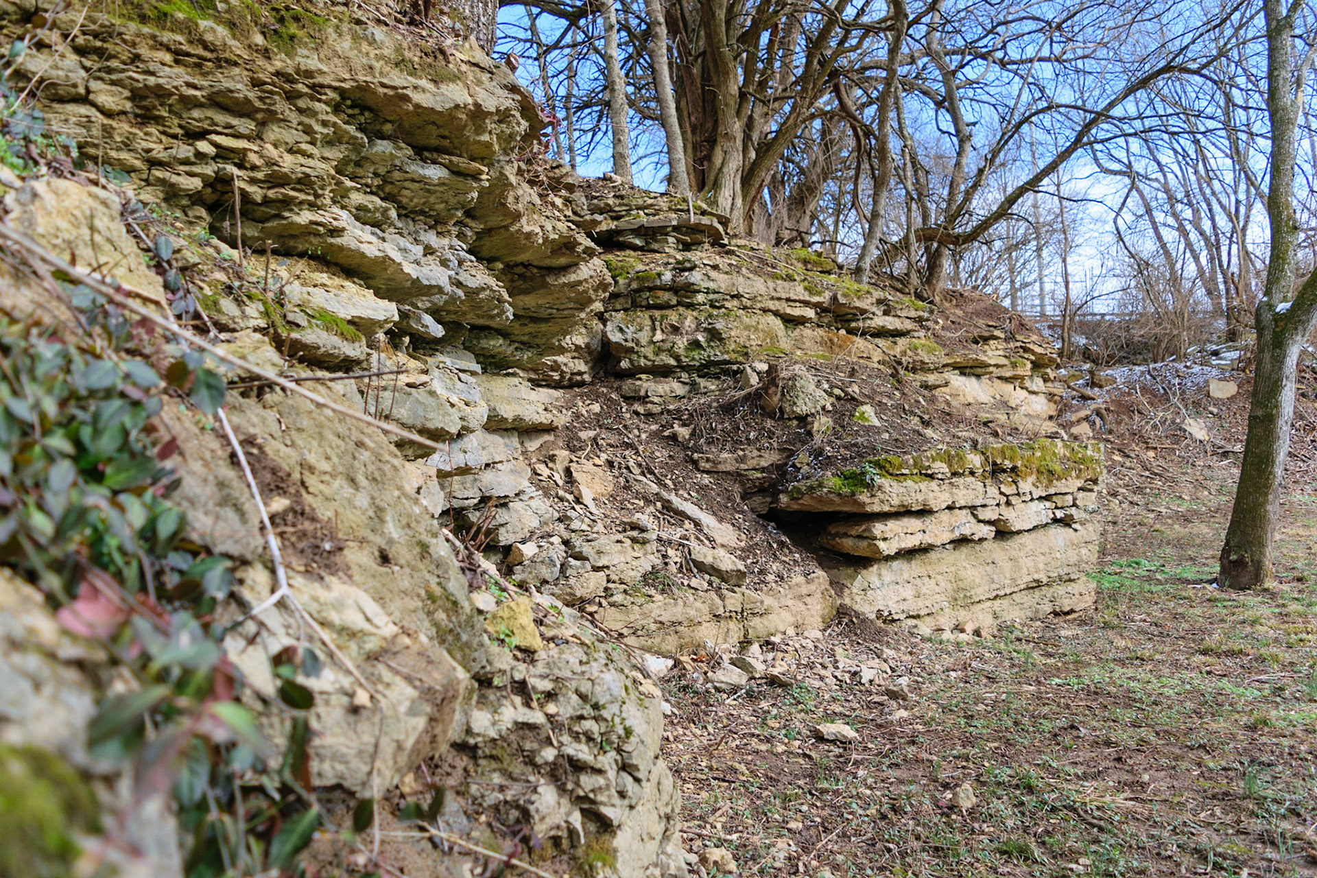 A perspective shot down some limestone shelves.