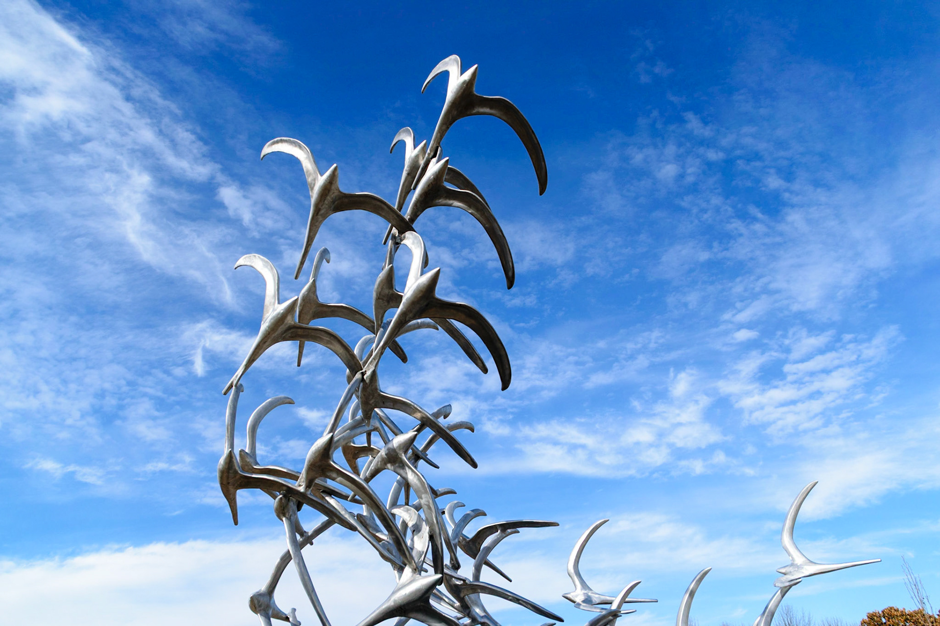 Birds made of metal seem to soar towards the sky.