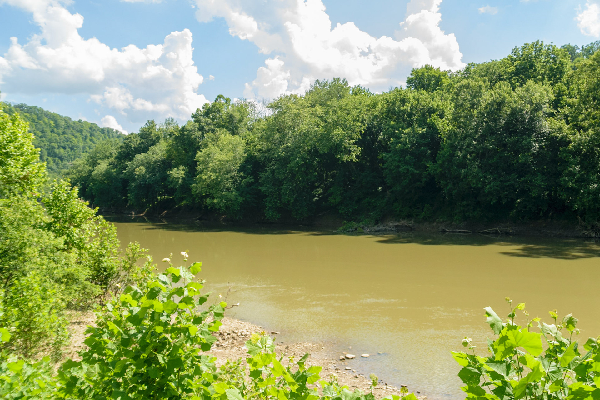 The trail travels counter to the flow of the Kentucky River. The bank becomes dangerously steep in some areas.