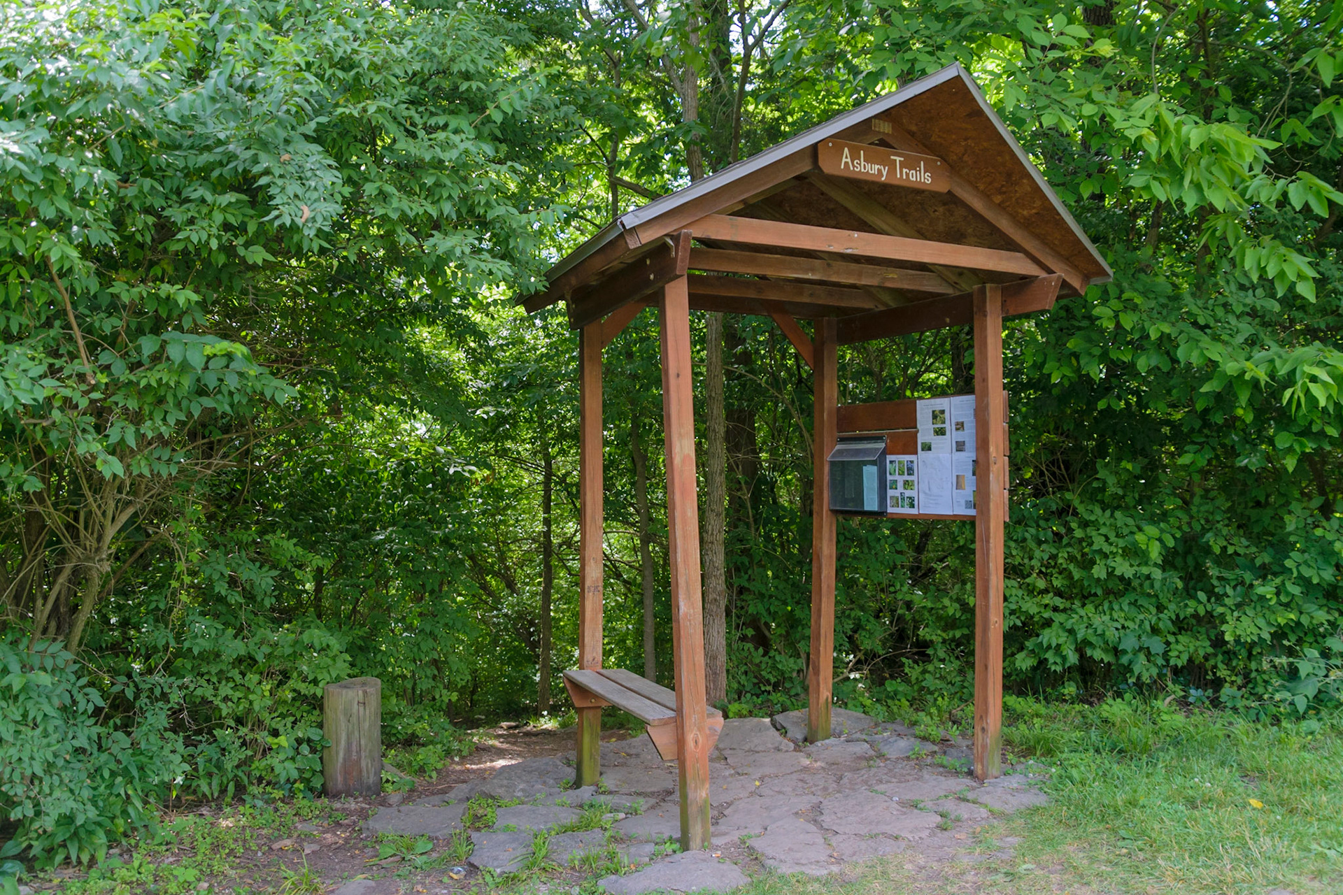 This small structure marks the trail head for Asbury Trails.