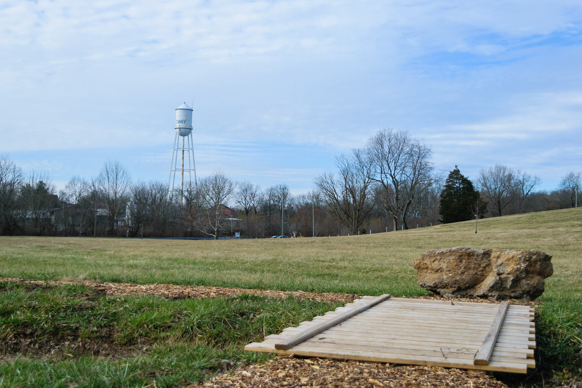 A shot of the water tower from the park.