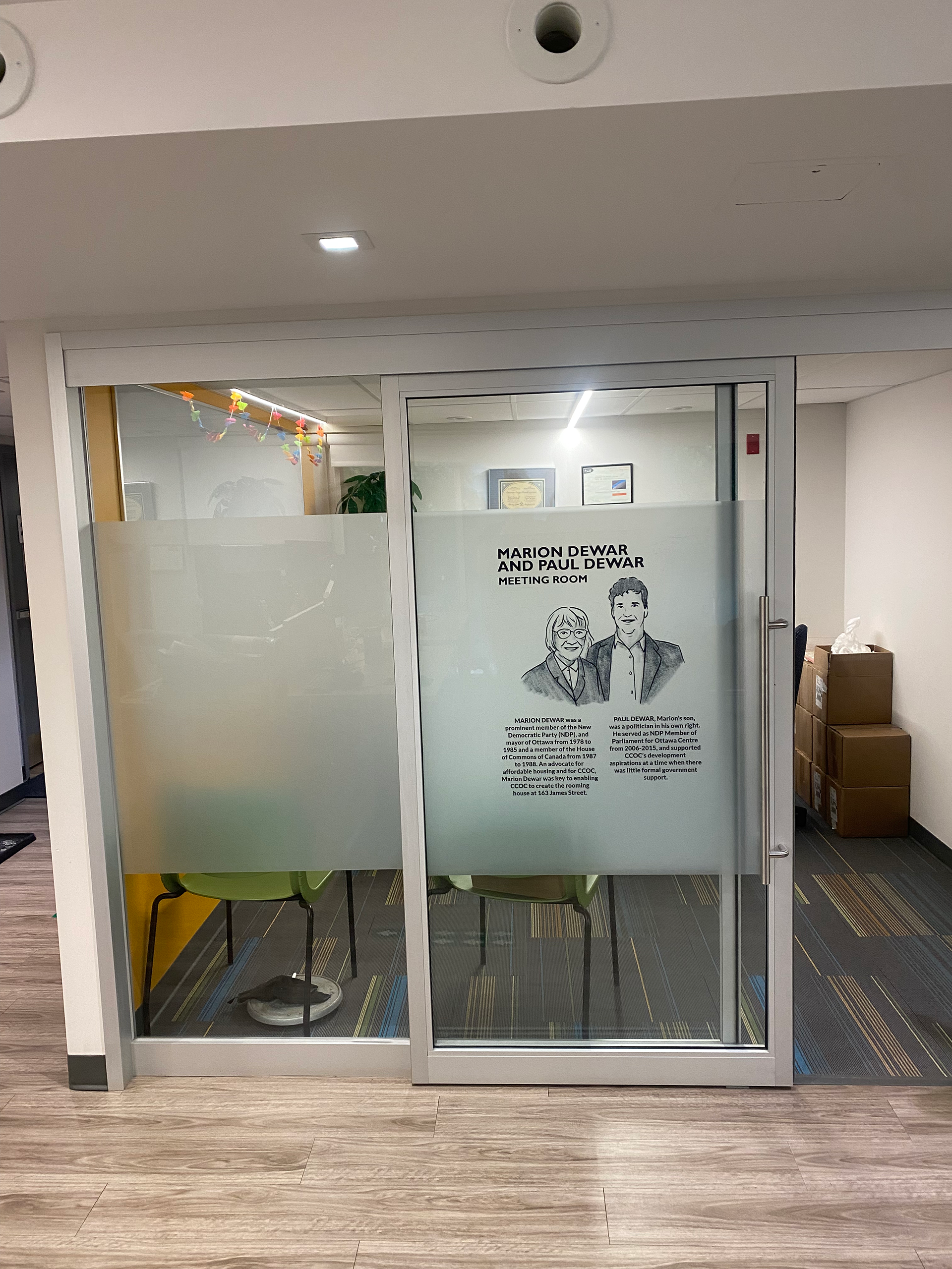 Design of door decals for Centretown Citizens Ottawa Corporation meeting rooms, with art by Emma Cochane.