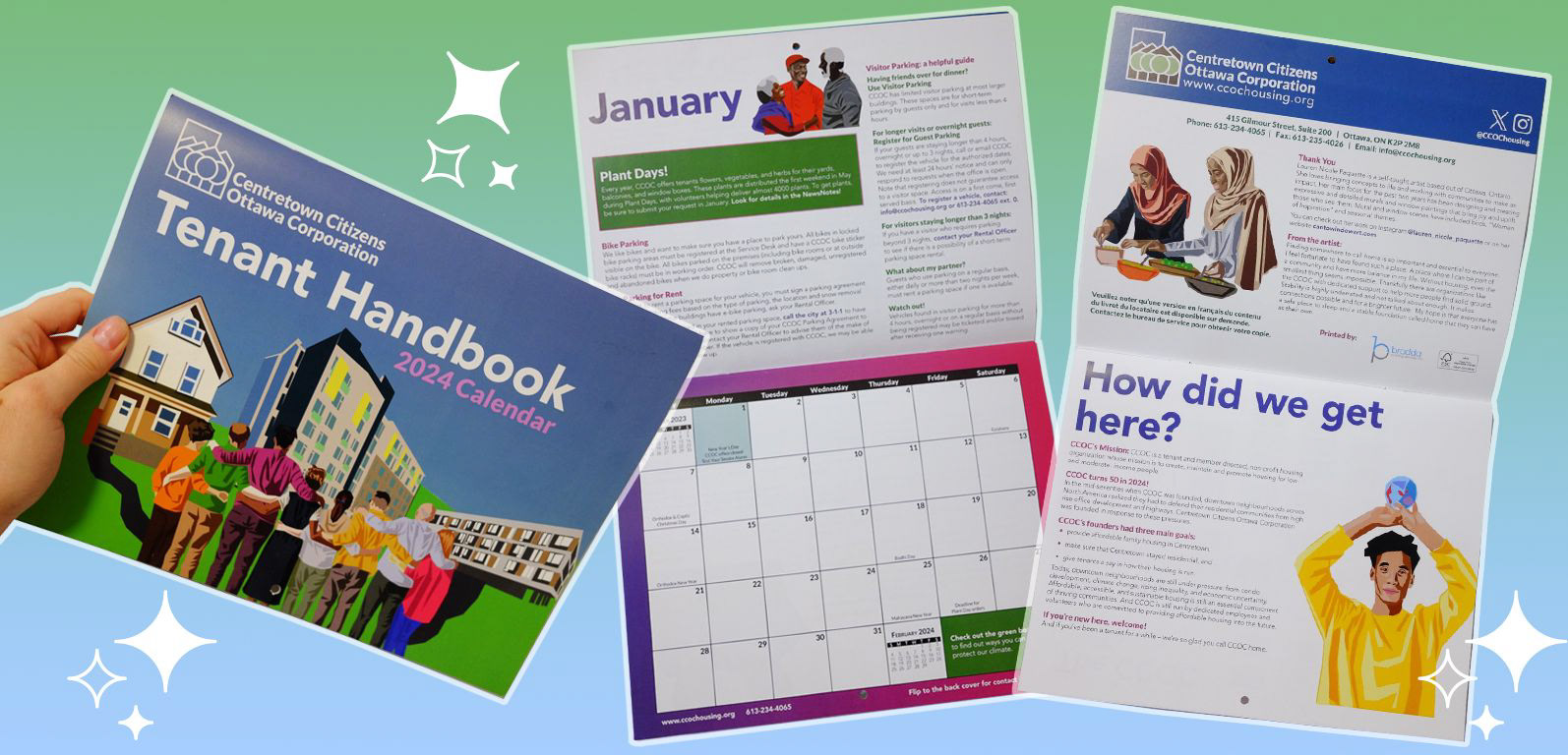 Calendar design and layout for Centretown Citizens Ottawa Corporation, with art by Lauren Nicole Paquette.