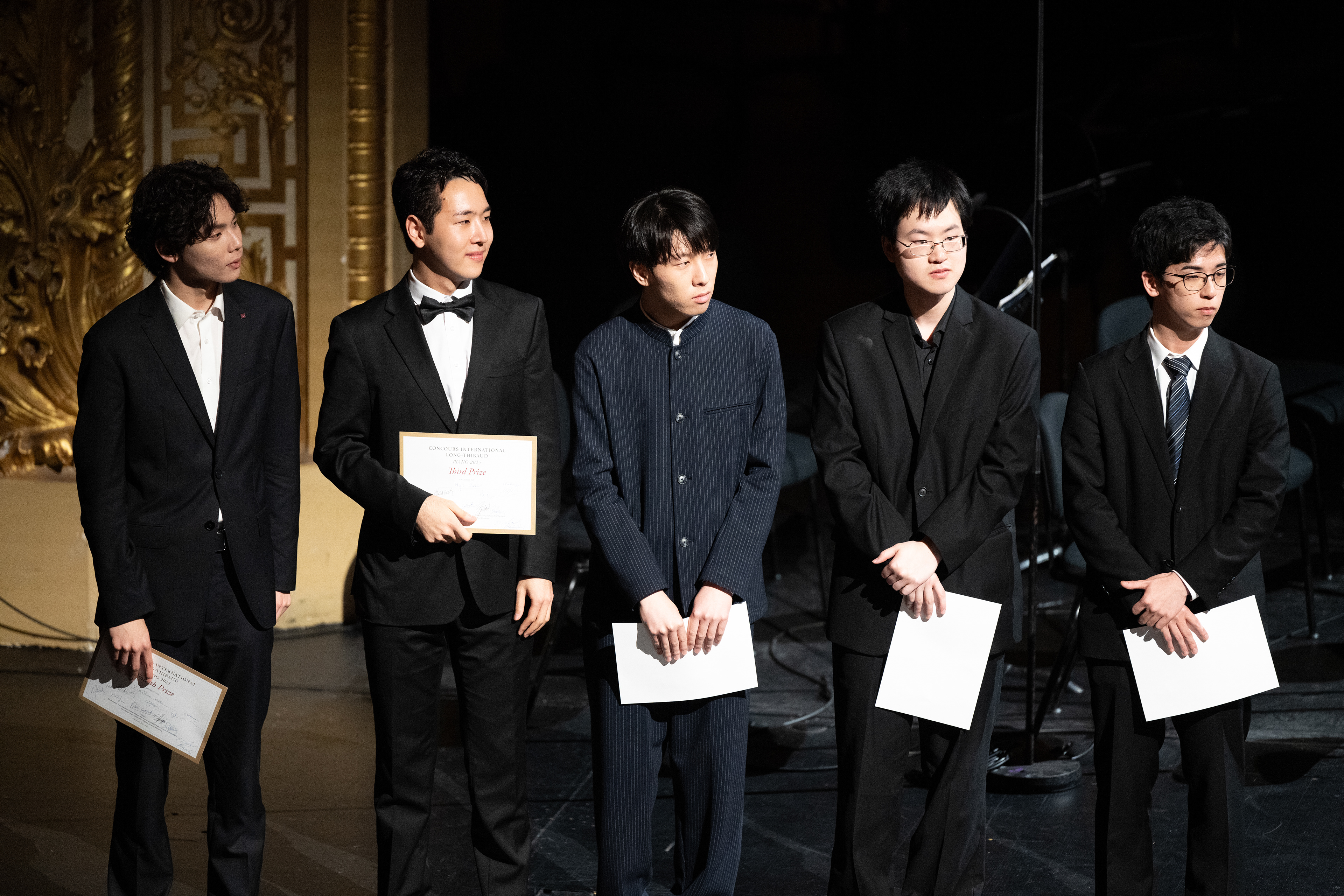 Saehyun Kim, Hyo Lee, Tiankun Ma, Masaharu Kambara and Eric Guo, finalists of the Concours Long-Thibaud 2025, Opéra comique, Paris, France, March 2025