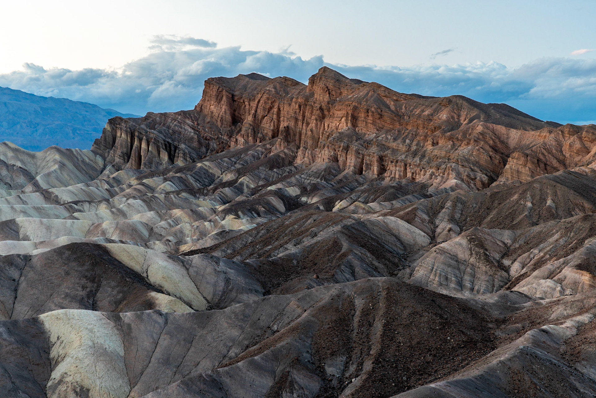 The Cathedrals near Zabriskie Point bathed in the sunset glow