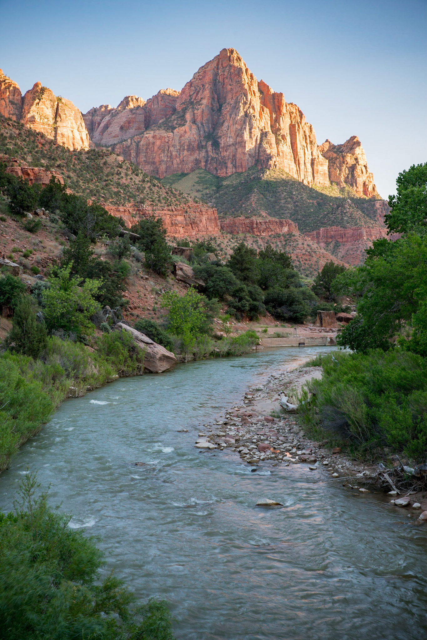 The Watchman shot from the Pa'rus Trail just before sunset